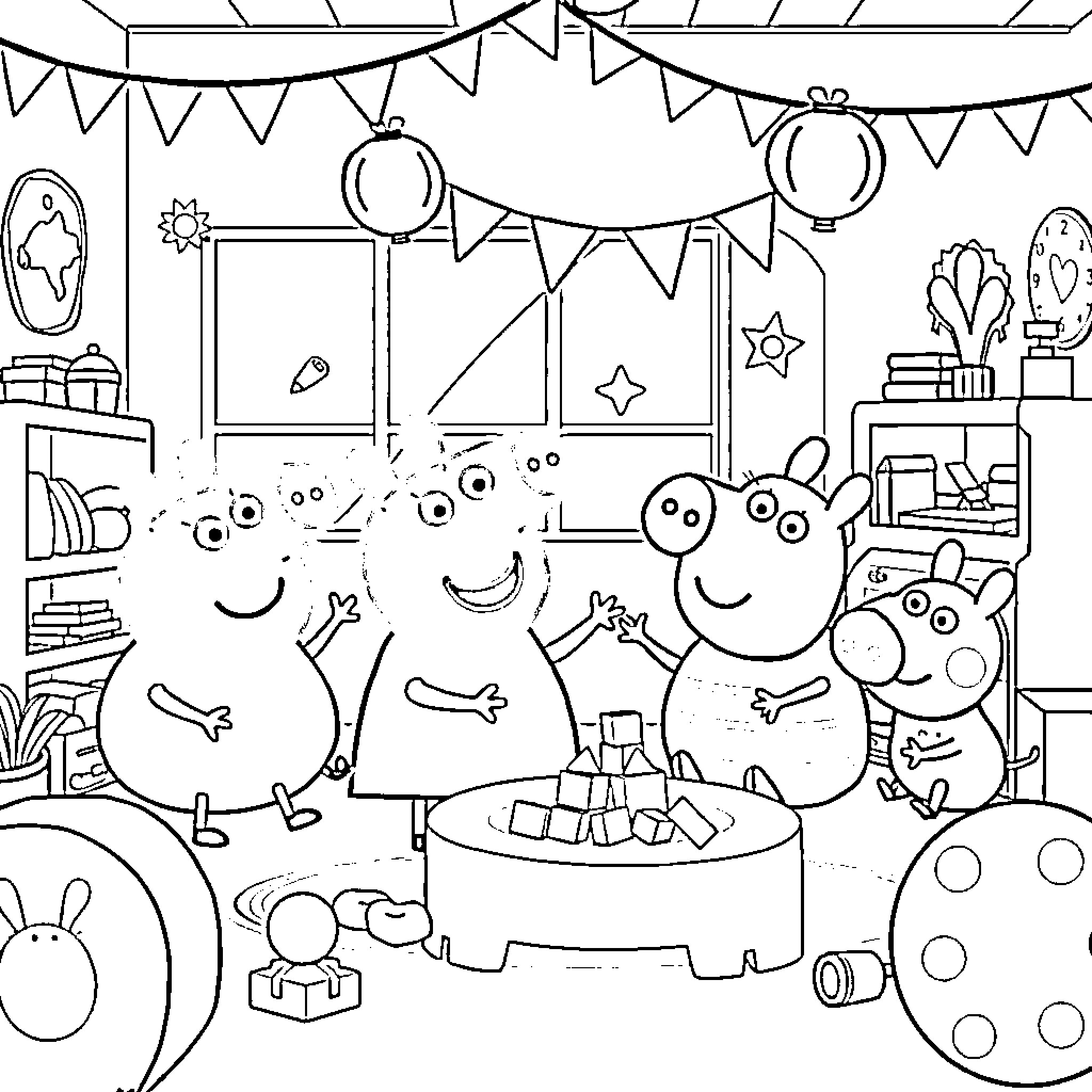 Peppa Pig and friends celebrate a birthday party Coloring Page (free black-and-white line drawing printable PDF for all, from beginners to advanced learners, including children, teens, adults, and seniors)