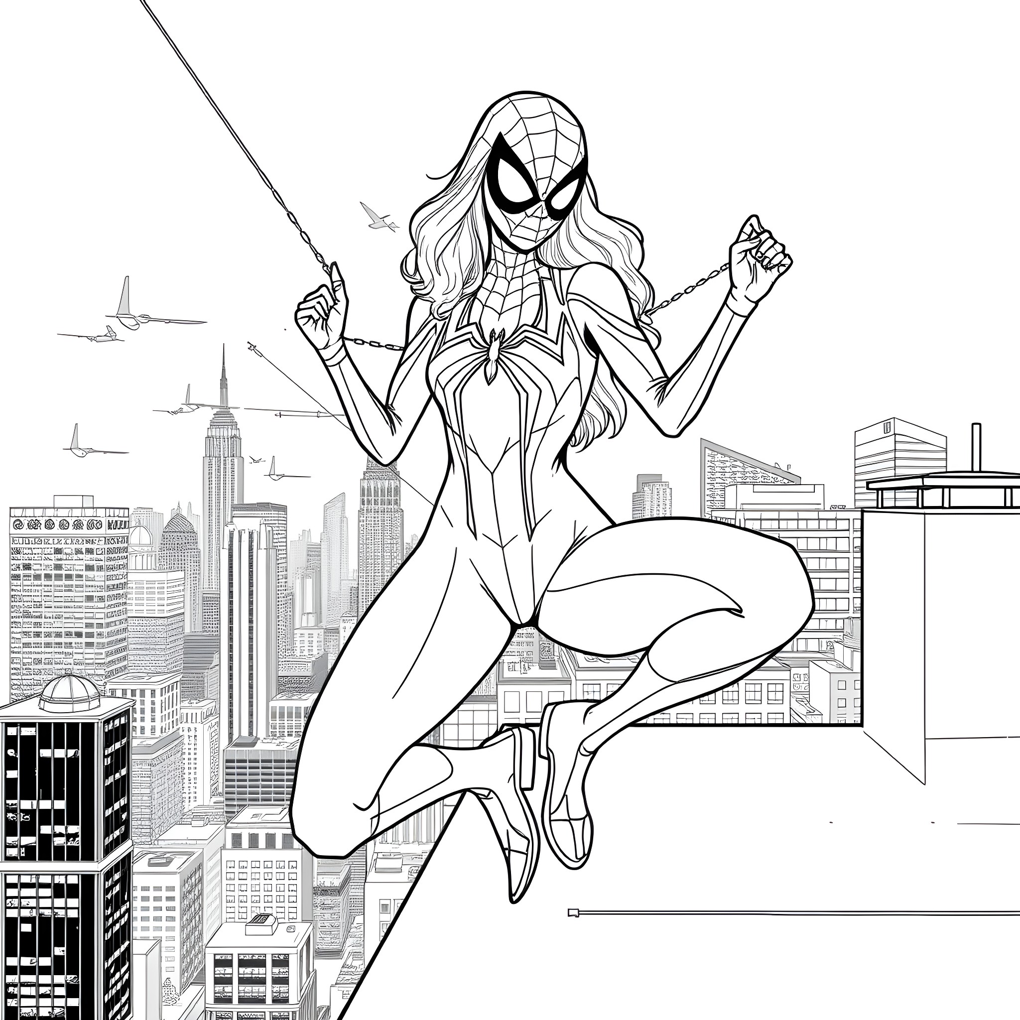 Spider Gwen swinging through the city Coloring Page (free black-and-white line drawing printable PDF for all, from beginners to advanced learners, including children, teens, adults, and seniors)