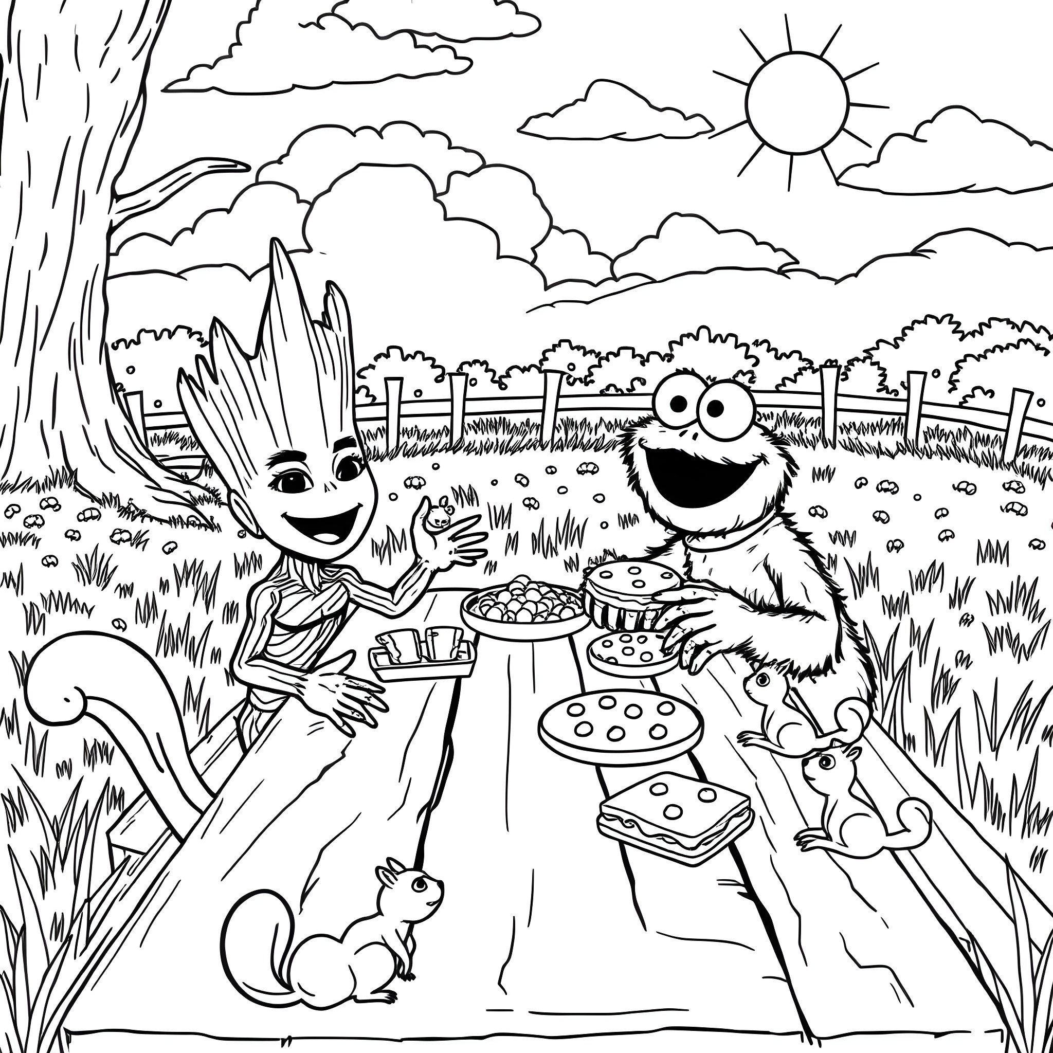 Groot and Friends Enjoy Outdoor Picnic Adventure Coloring Page (free black-and-white line drawing printable PDF for all, from beginners to advanced learners, including children, teens, adults, and seniors)
