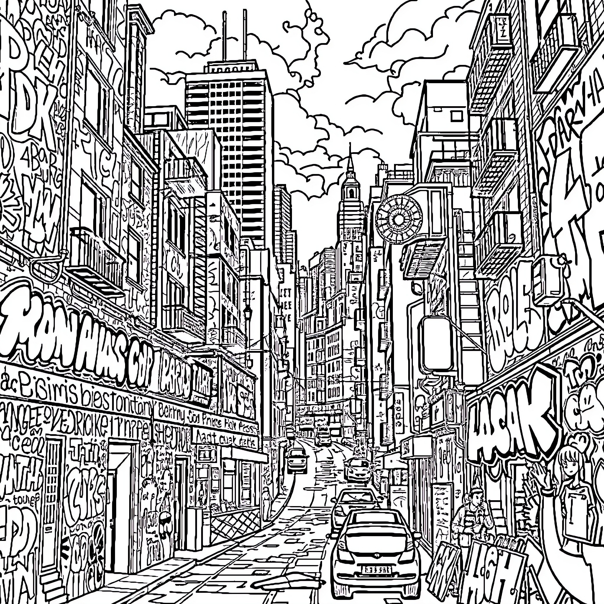 Graffiti-covered urban street with towering buildings Coloring Page (free black-and-white line drawing printable PDF for all, from beginners to advanced learners, including children, teens, adults, and seniors)