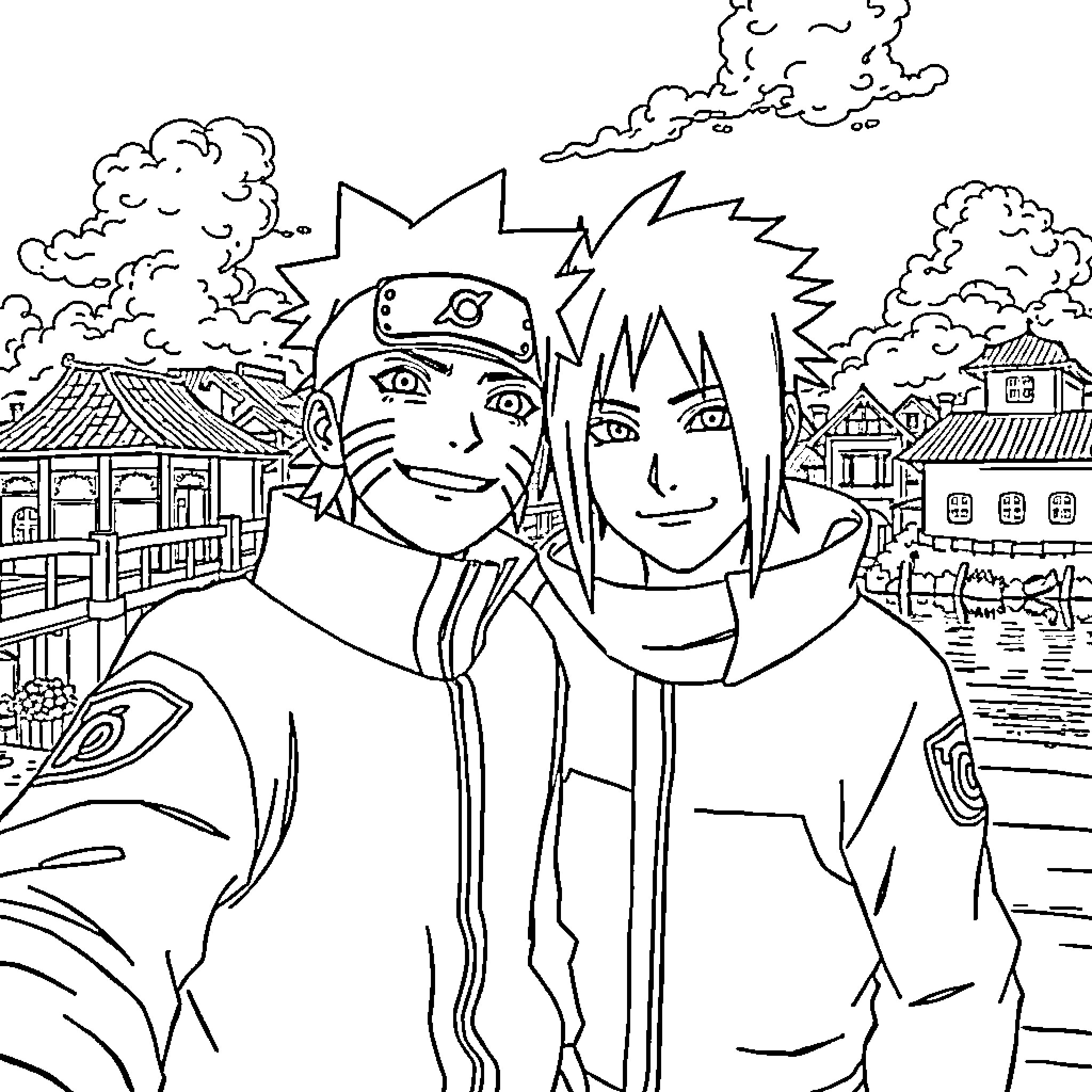 Naruto and Sasuke's Iconic Adventure in the Village Coloring Page (free black-and-white line drawing printable PDF for all, from beginners to advanced learners, including children, teens, adults, and seniors)
