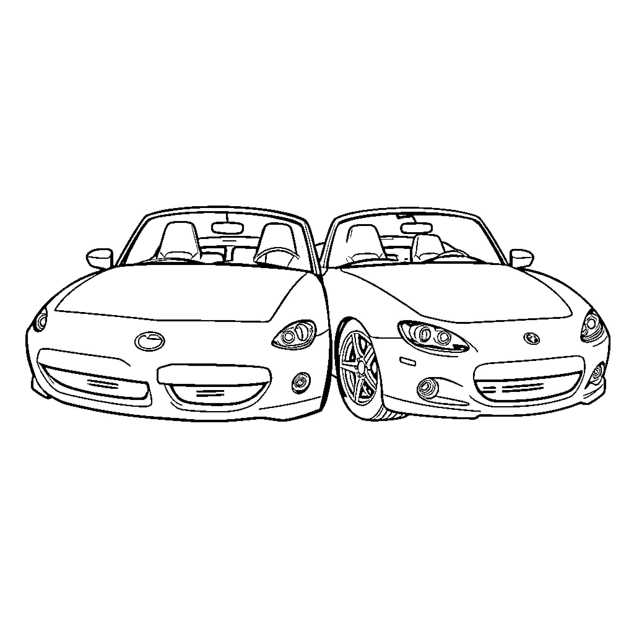Miata roadsters side-by-side in line Coloring Page (free black-and-white line drawing printable PDF for all, from beginners to advanced learners, including children, teens, adults, and seniors)