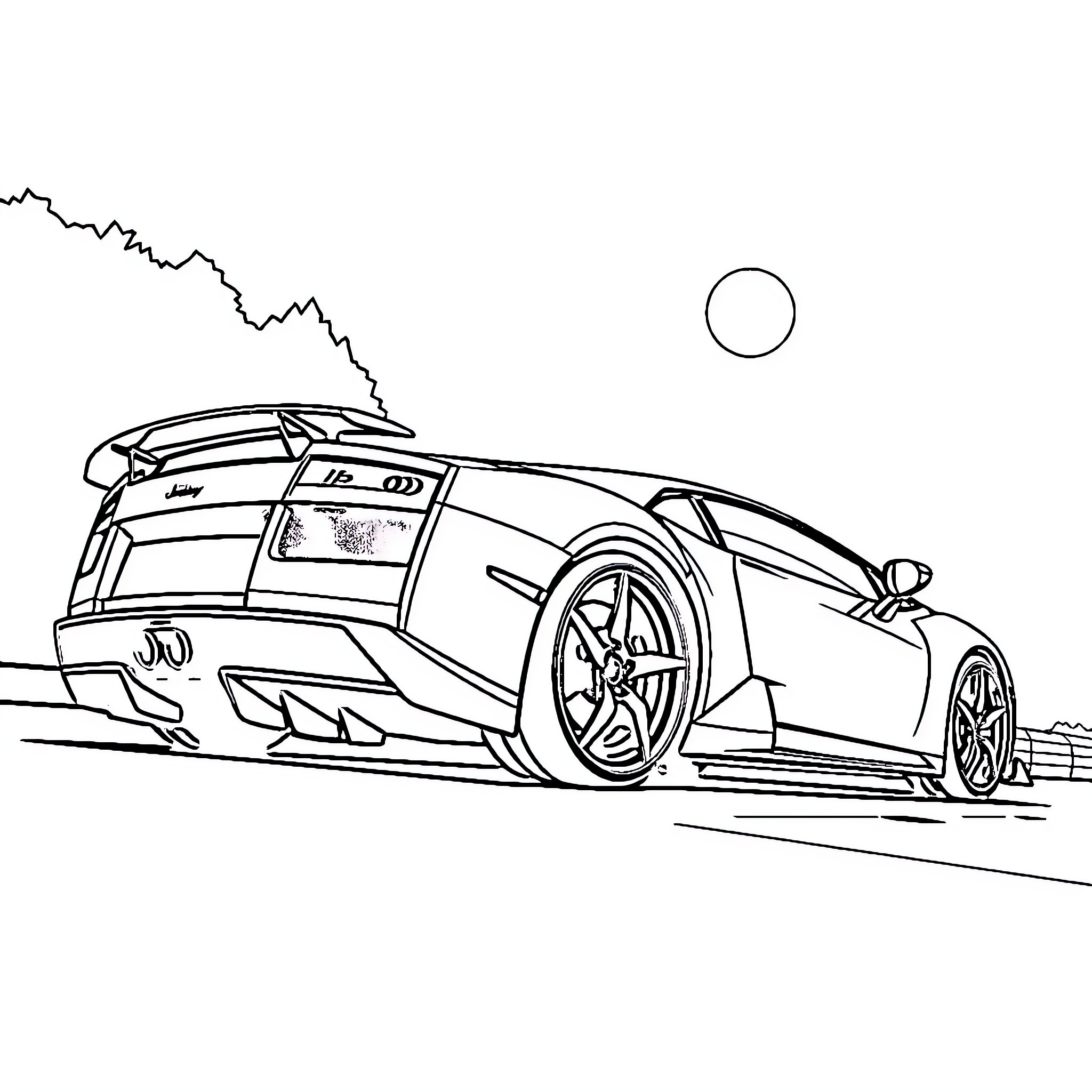 Lamborghini speeding down the road Coloring Page (free black-and-white line drawing printable PDF for all, from beginners to advanced learners, including children, teens, adults, and seniors)