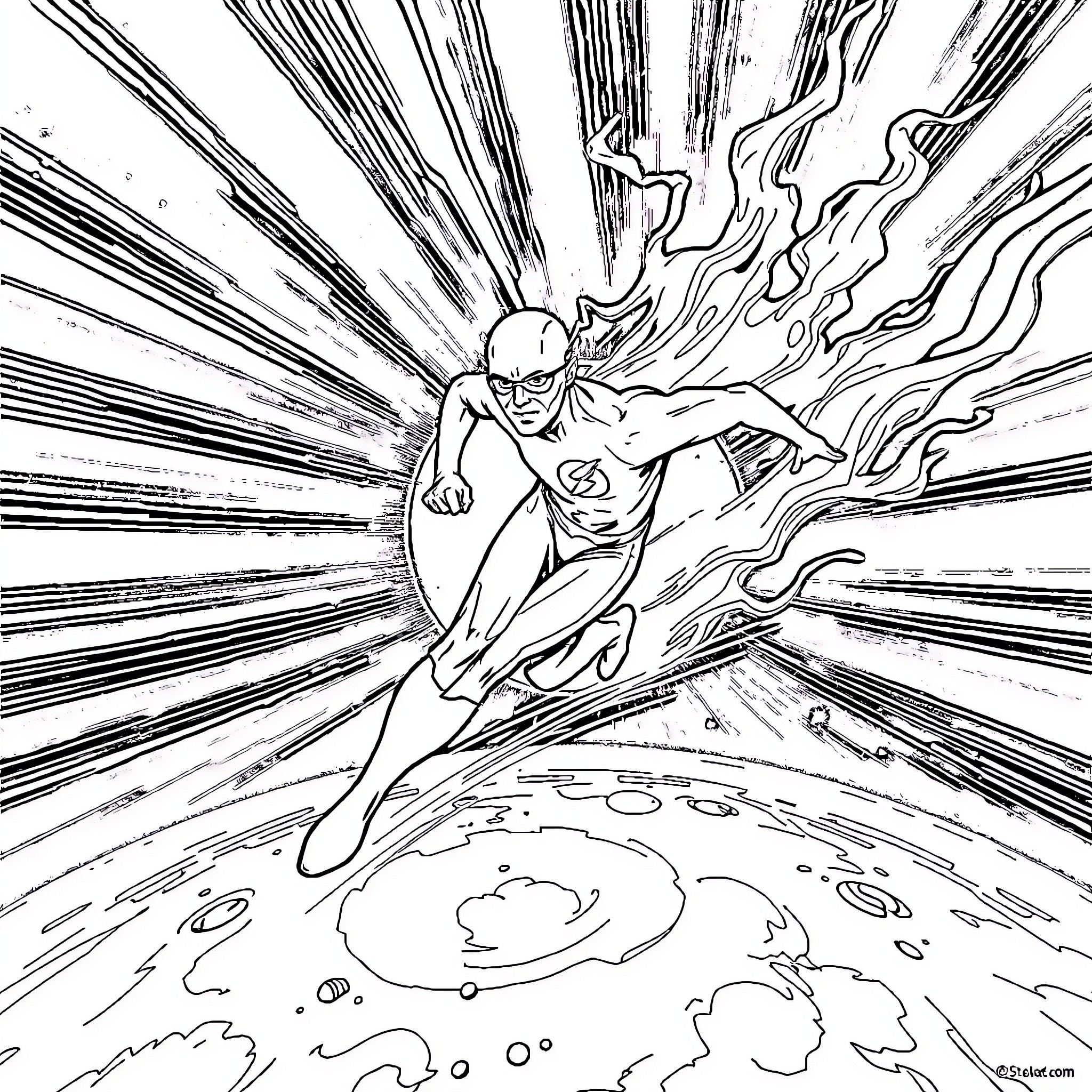 Flash Soaring Through Cosmic Energies Coloring Page (free black-and-white line drawing printable PDF for all, from beginners to advanced learners, including children, teens, adults, and seniors)