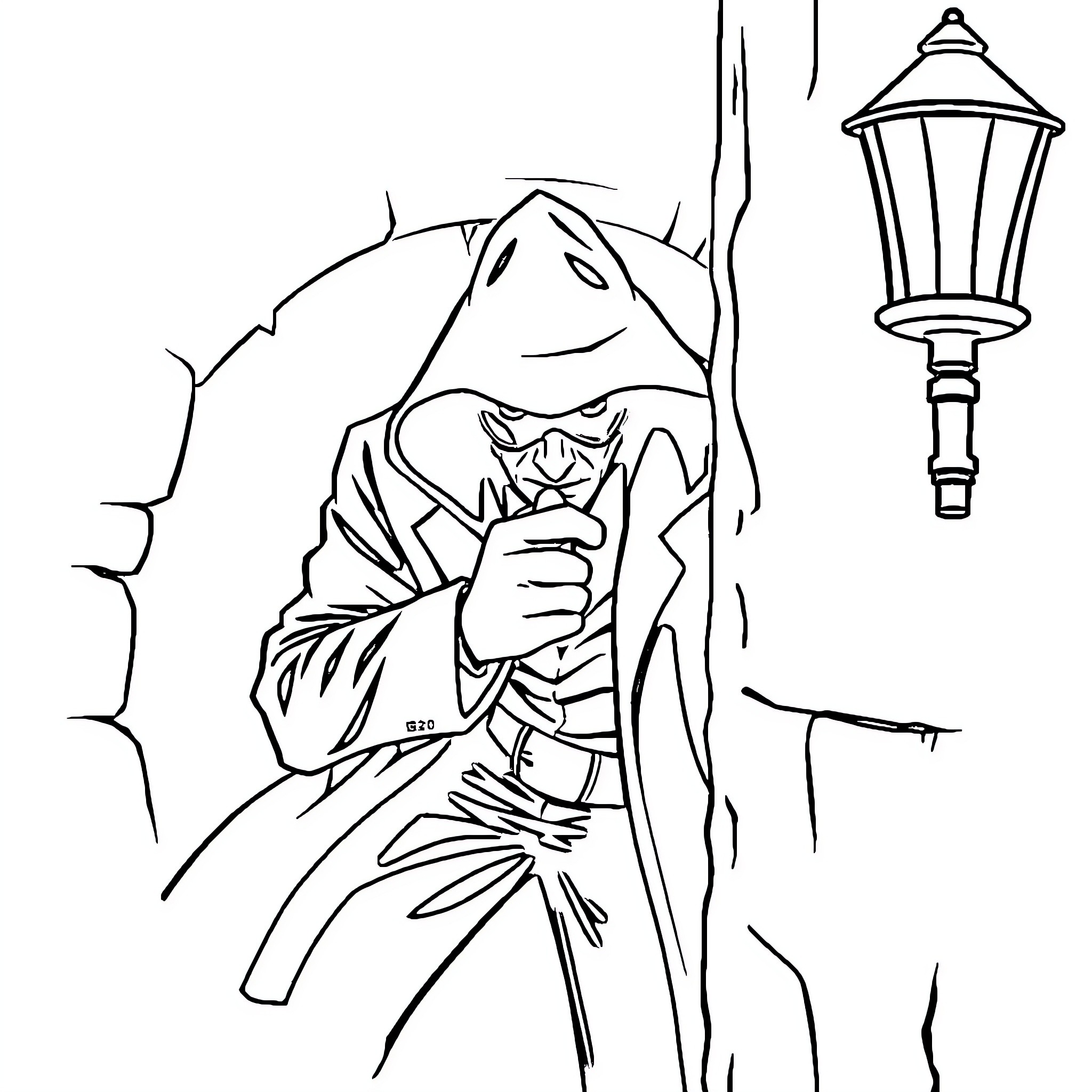 Spy lurking in the shadows with a lantern Coloring Page (free black-and-white line drawing printable PDF for all, from beginners to advanced learners, including children, teens, adults, and seniors)