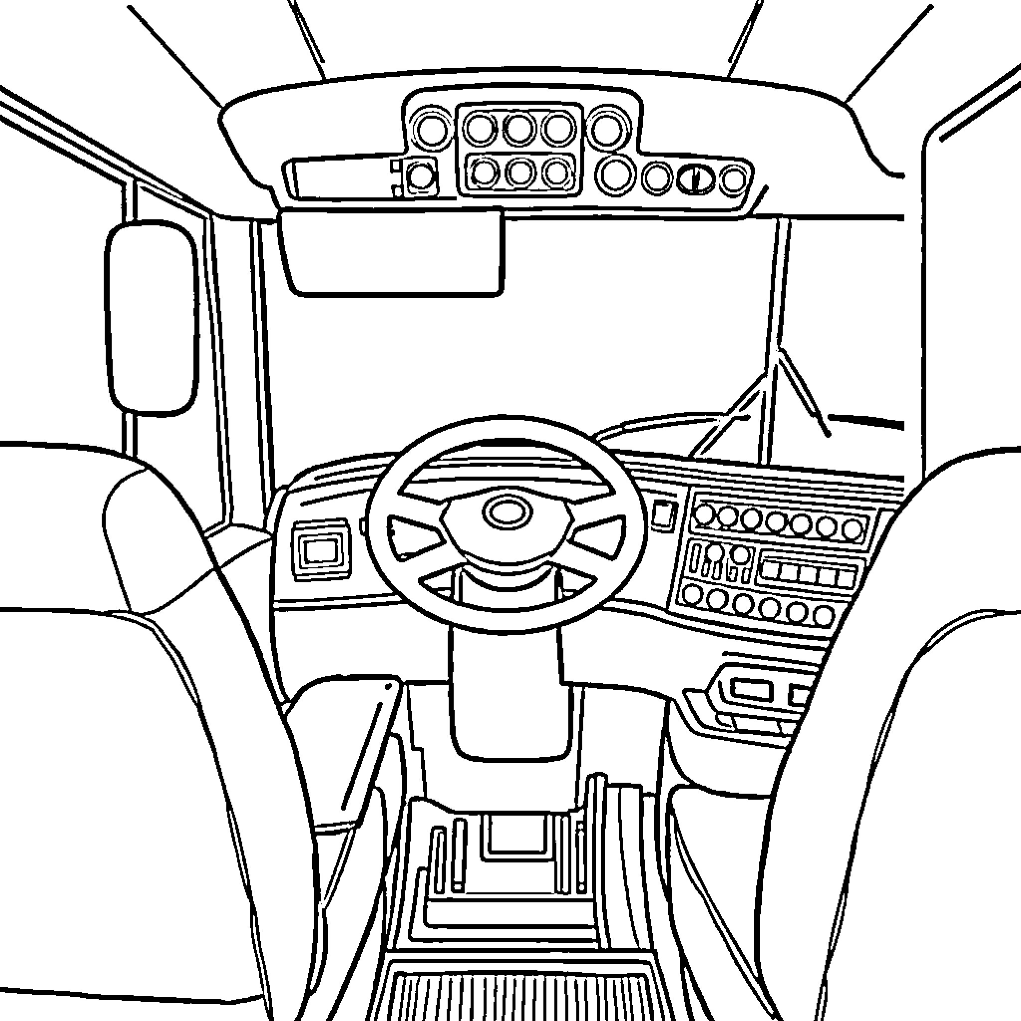 Bus interior with dashboard and controls Coloring Page (free black-and-white line drawing printable PDF for all, from beginners to advanced learners, including children, teens, adults, and seniors)