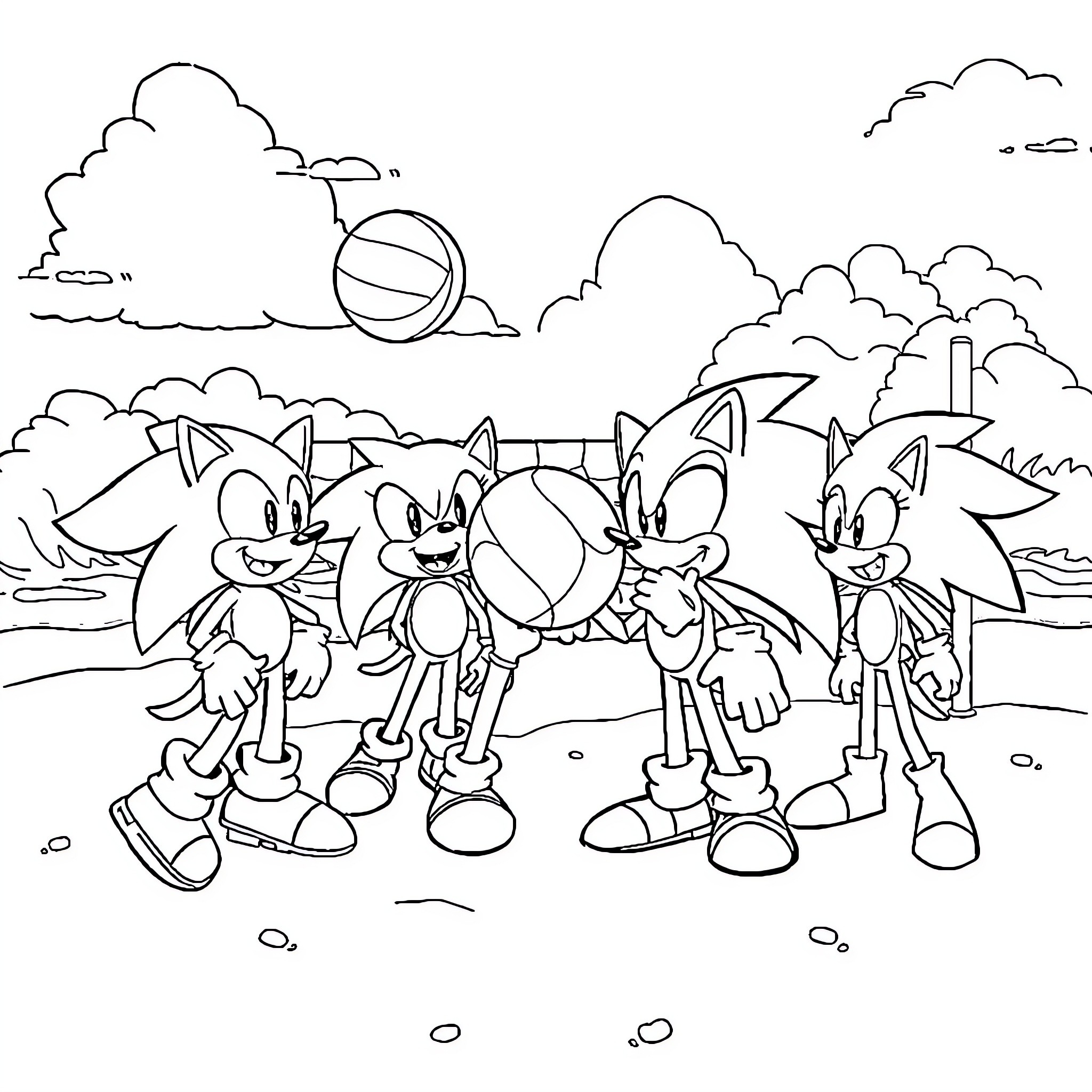 Sonic characters in an outdoor adventure scene Coloring Page (free black-and-white line drawing printable PDF for all, from beginners to advanced learners, including children, teens, adults, and seniors)