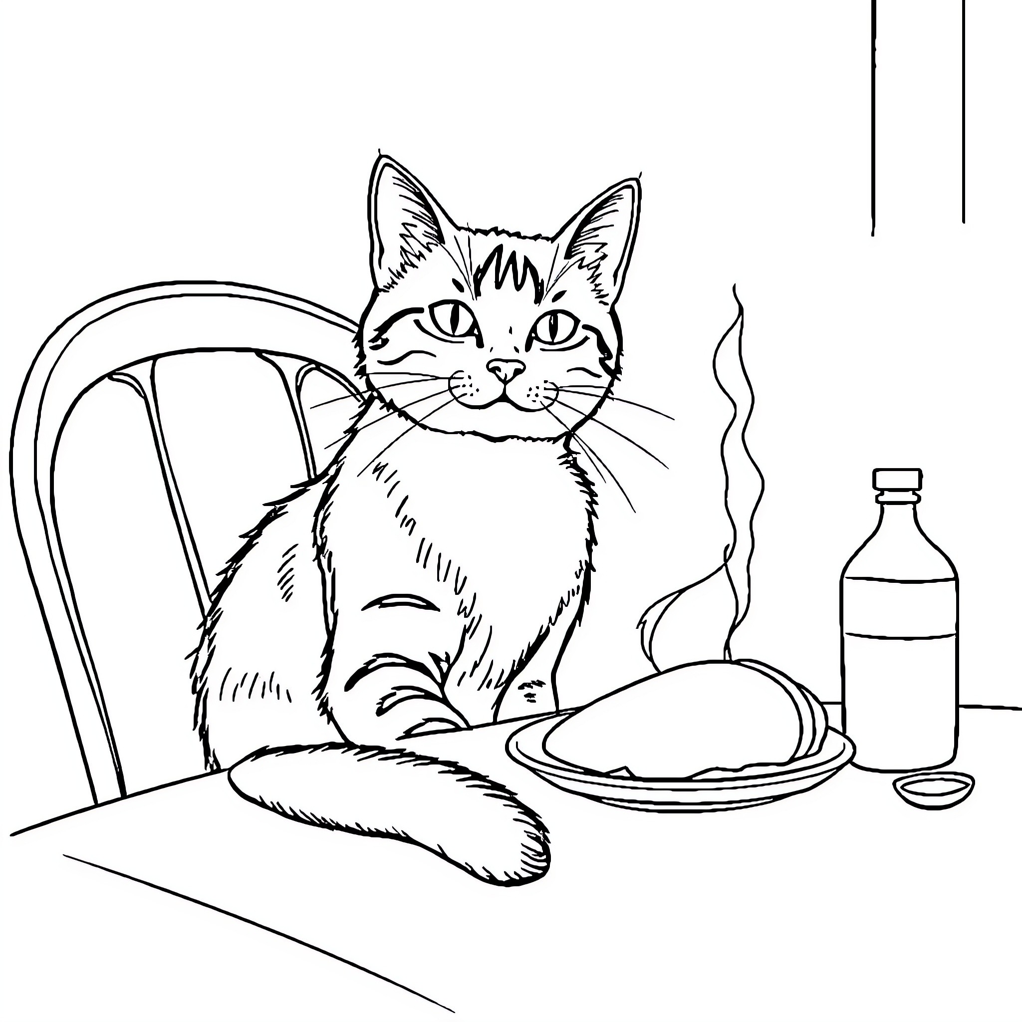 Cat enjoying meal in cozy kitchen Coloring Page (free black-and-white line drawing printable PDF for all, from beginners to advanced learners, including children, teens, adults, and seniors)