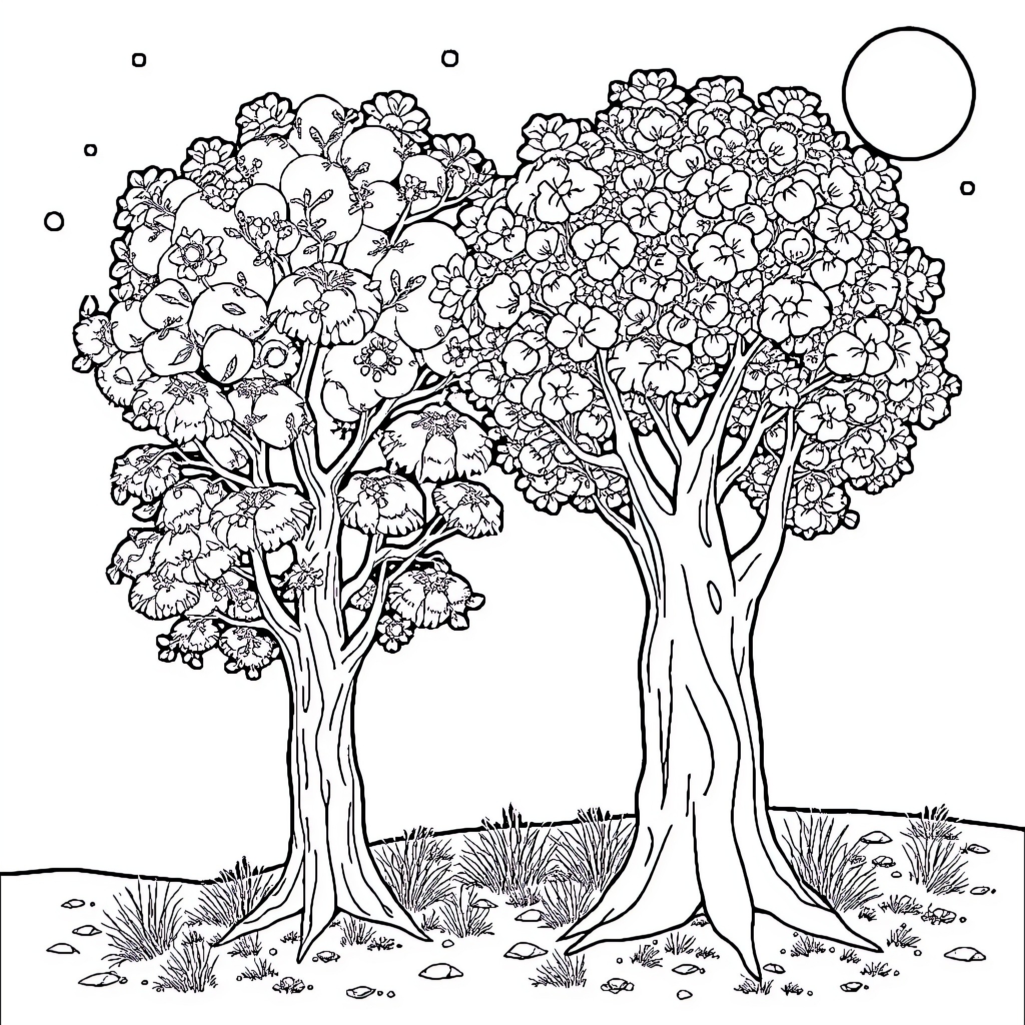 Tree with Blooming Flowers in the Landscape Coloring Page (free black-and-white line drawing printable PDF for all, from beginners to advanced learners, including children, teens, adults, and seniors)