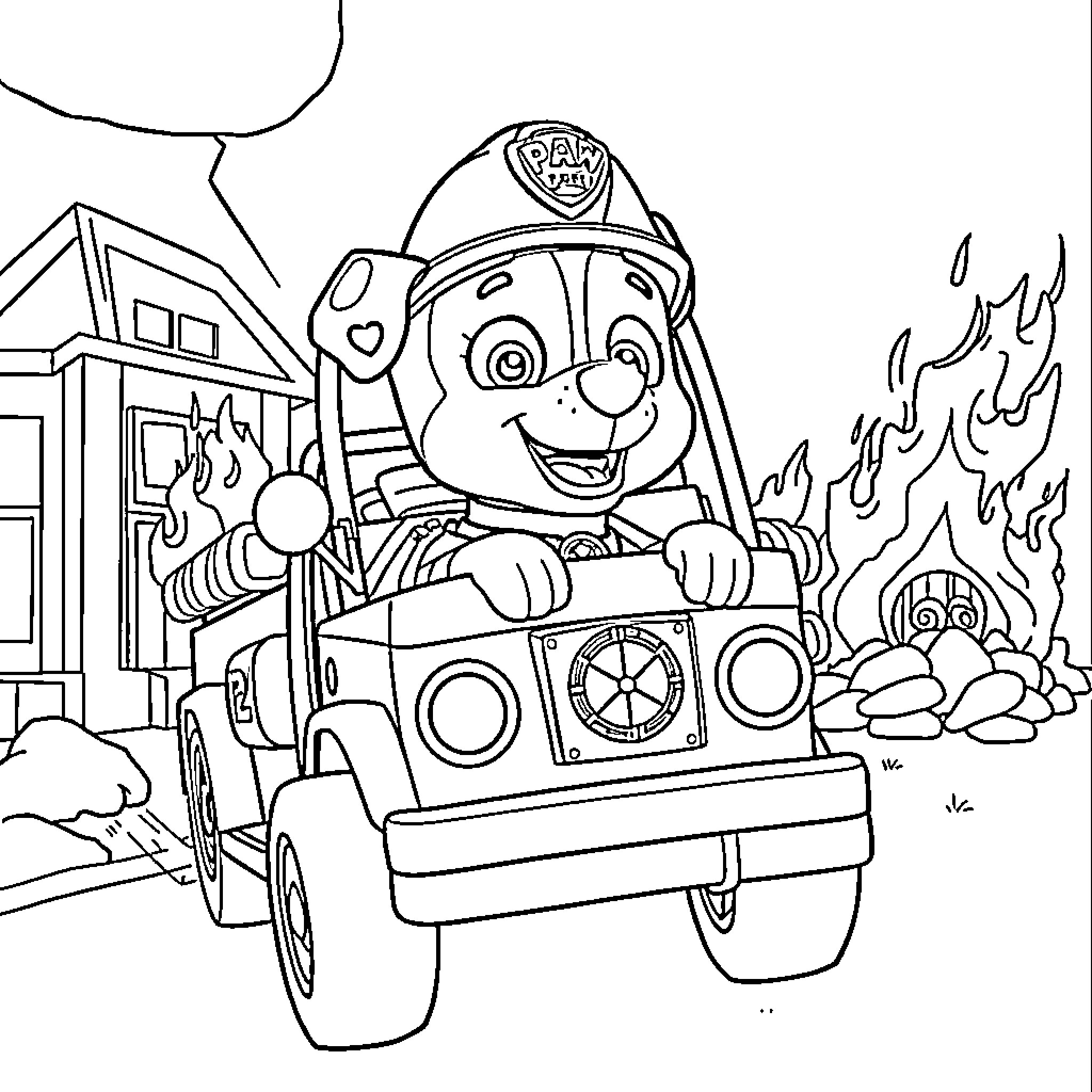 Marshall's Emergency Vehicle Responding to a Fire Coloring Page (free black-and-white line drawing printable PDF for all, from beginners to advanced learners, including children, teens, adults, and seniors)