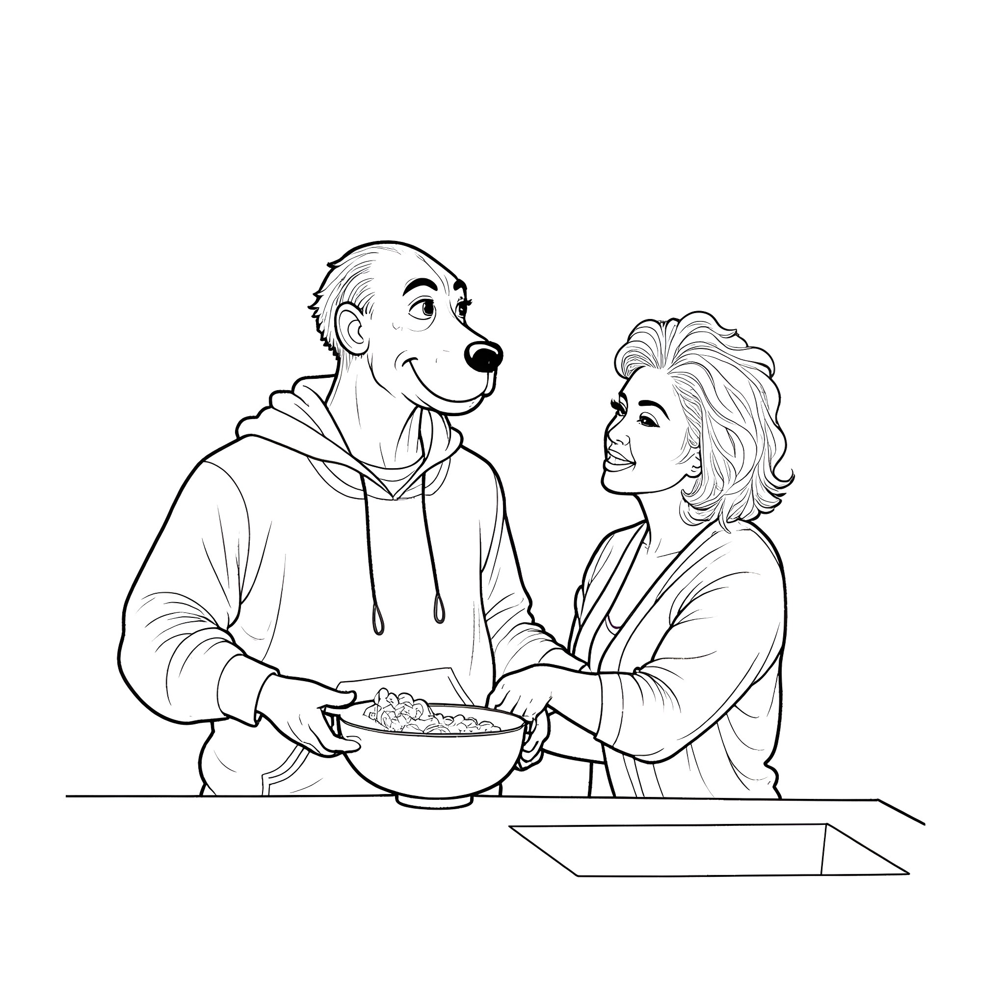 Snoop Dog sharing a meal with a friend Coloring Page (free black-and-white line drawing printable PDF for all, from beginners to advanced learners, including children, teens, adults, and seniors)