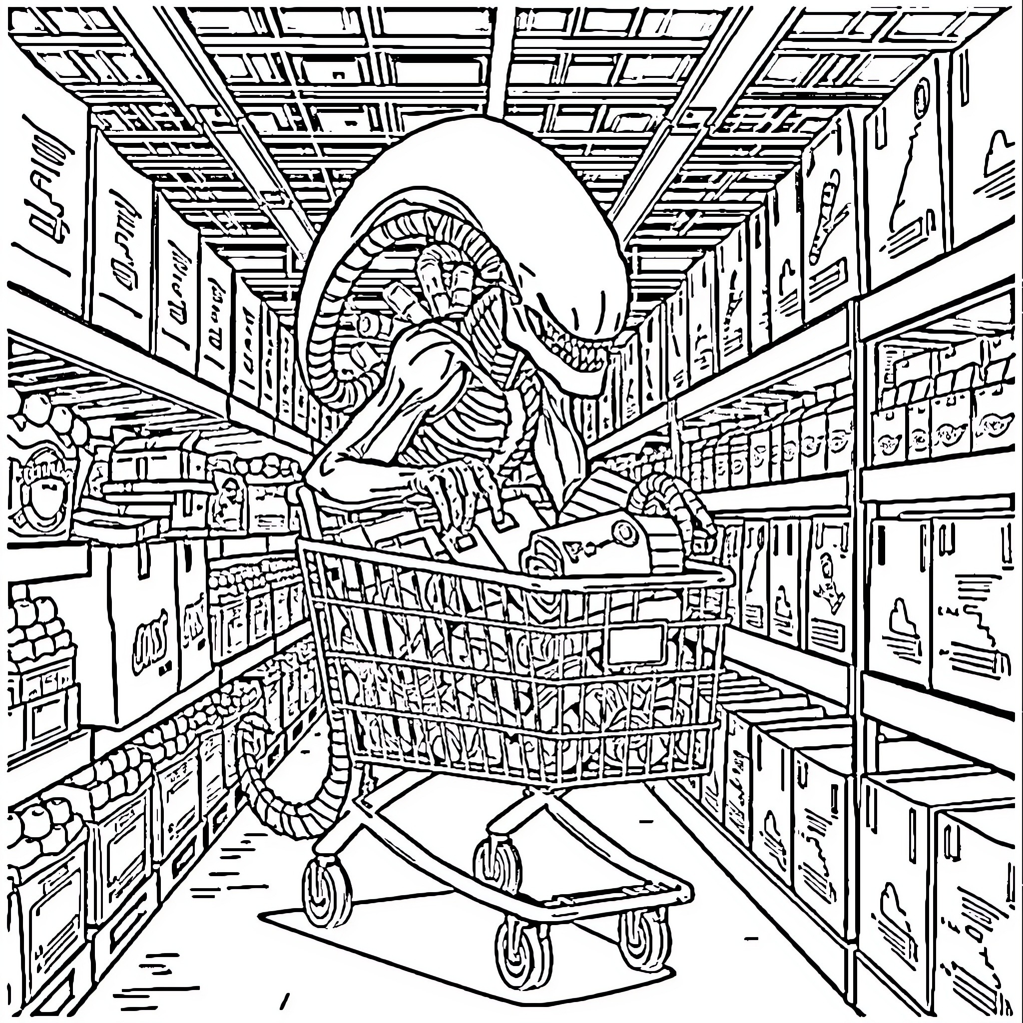 Alien creature wreaking havoc in a supermarket Coloring Page (free black-and-white line drawing printable PDF for all, from beginners to advanced learners, including children, teens, adults, and seniors)