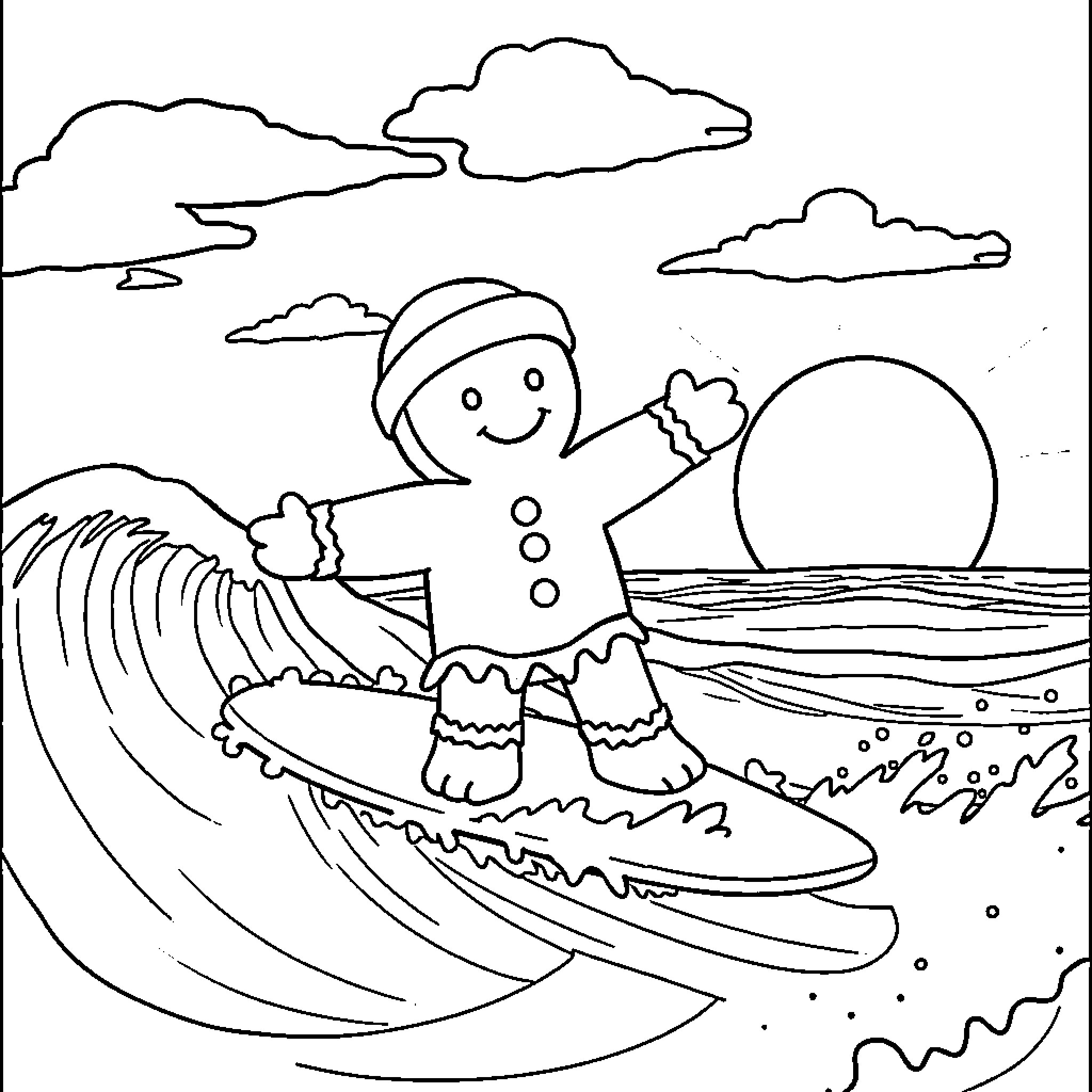 Gingerbread Man surfing on a giant wave Coloring Page (free black-and-white line drawing printable PDF for all, from beginners to advanced learners, including children, teens, adults, and seniors)