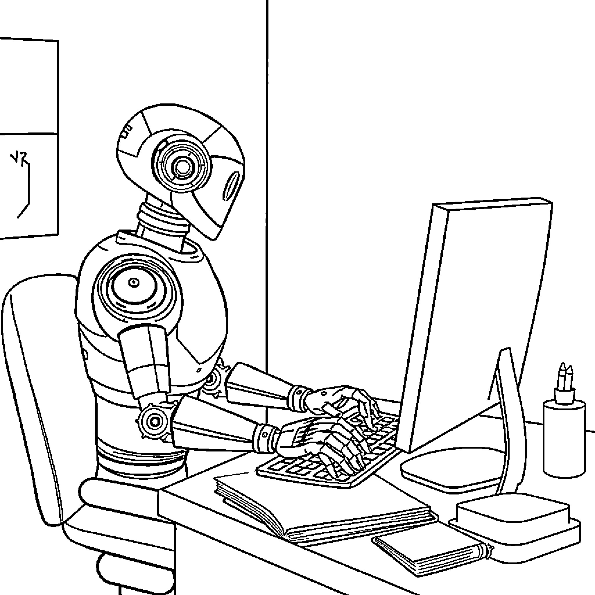 AI Robot Working on Computer at Desk Coloring Page (free black-and-white line drawing printable PDF for all, from beginners to advanced learners, including children, teens, adults, and seniors)