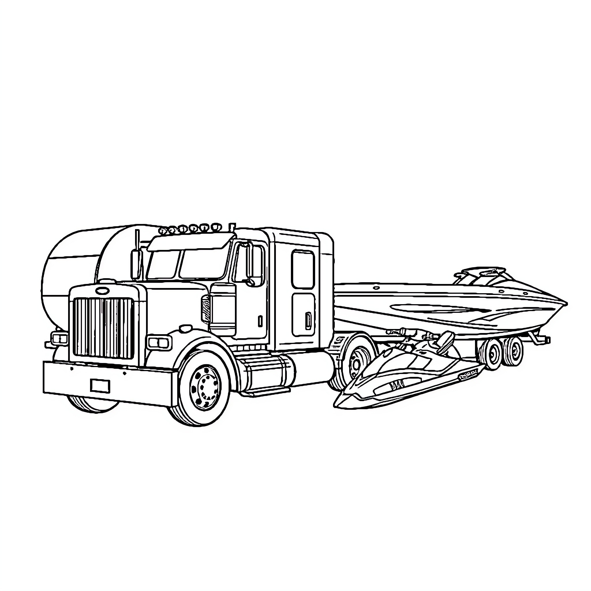 Truck towing a boat on the road Coloring Page (free black-and-white line drawing printable PDF for all, from beginners to advanced learners, including children, teens, adults, and seniors)