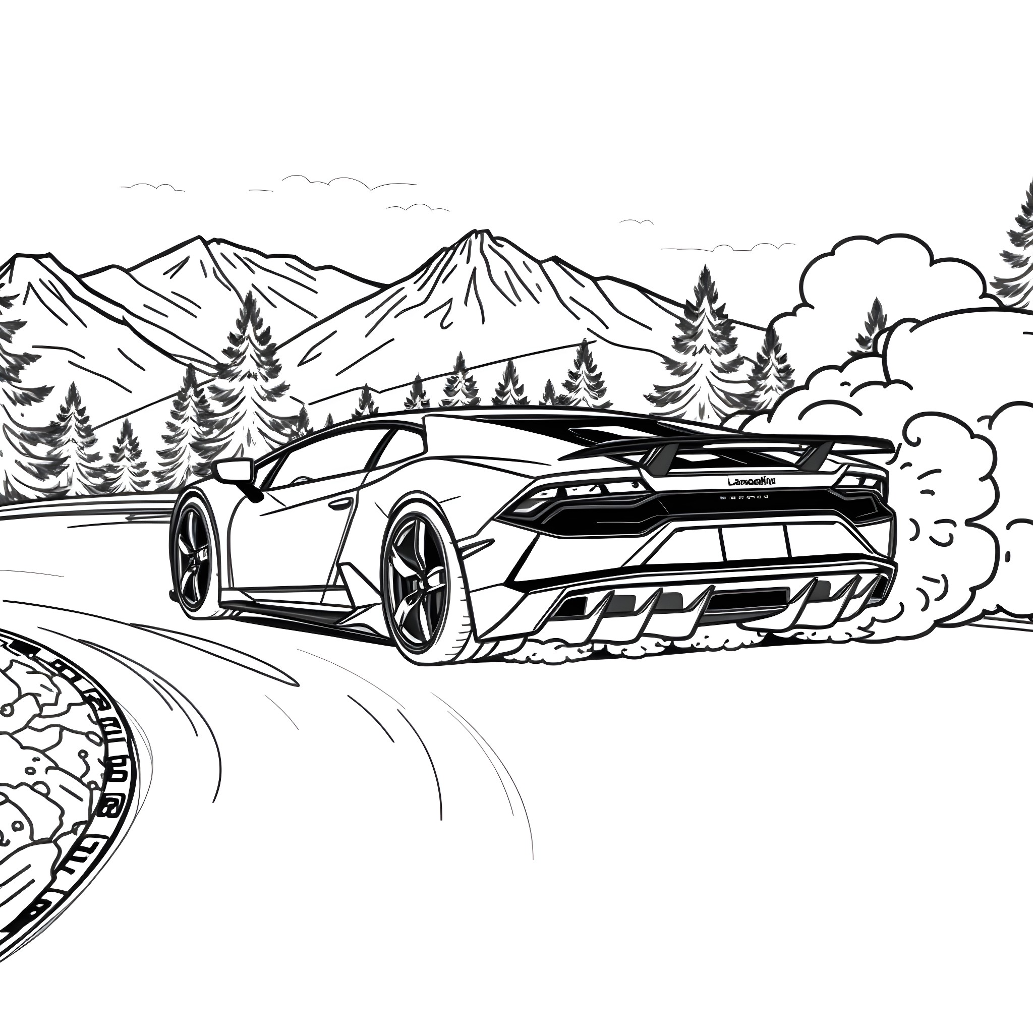 Lamborghini sports car speeding through the mountains Coloring Page (free black-and-white line drawing printable PDF for all, from beginners to advanced learners, including children, teens, adults, and seniors)