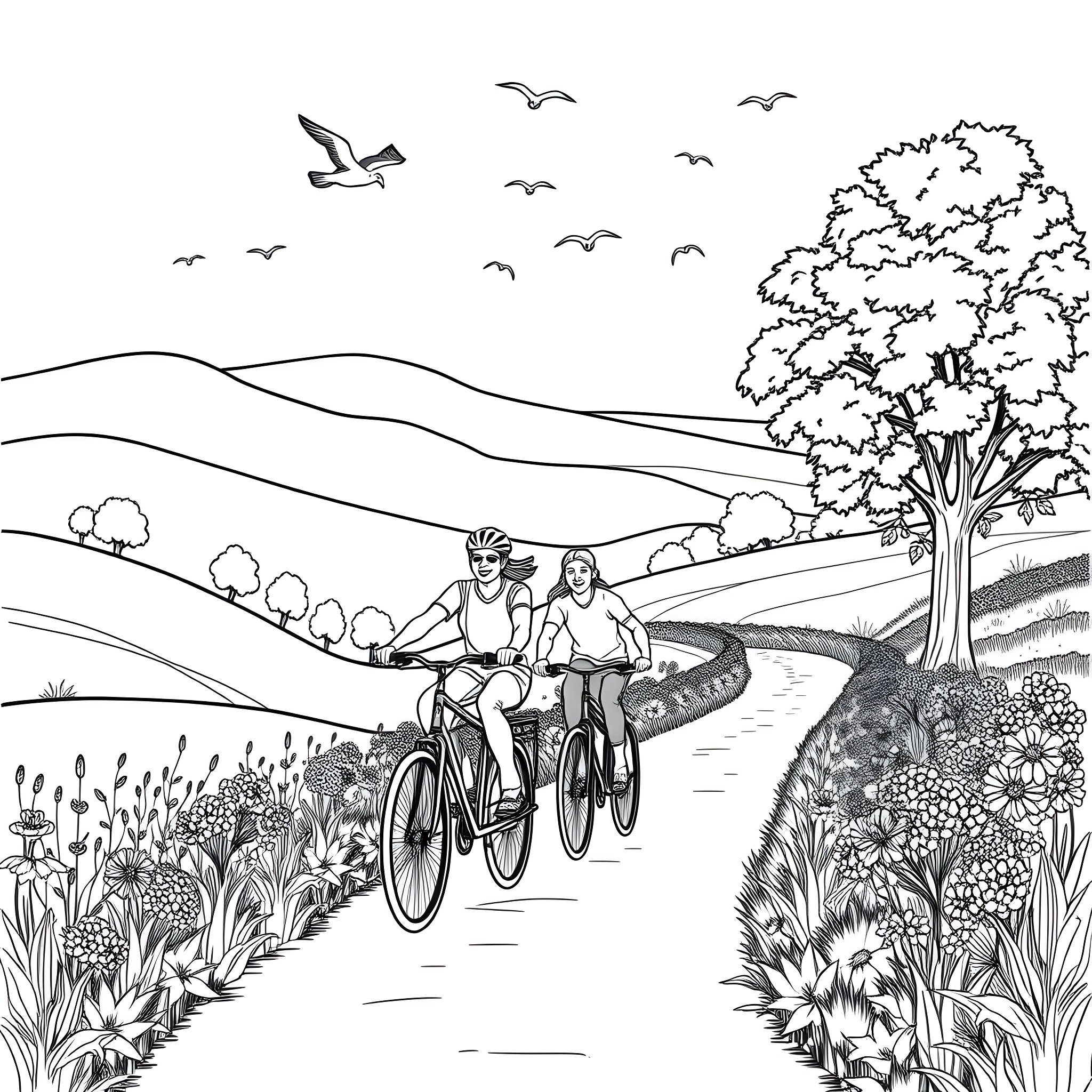 Bicycle ride through scenic countryside Coloring Page (free black-and-white line drawing printable PDF for all, from beginners to advanced learners, including children, teens, adults, and seniors)