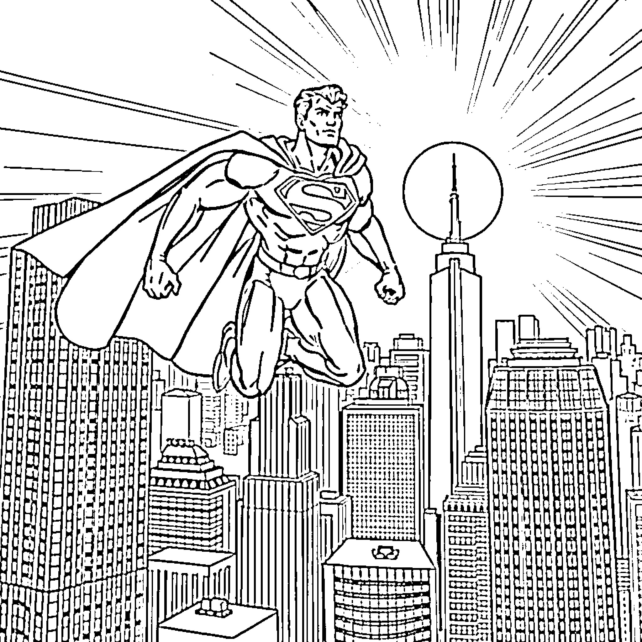 Superman soaring over the city skyline Coloring Page (free black-and-white line drawing printable PDF for all, from beginners to advanced learners, including children, teens, adults, and seniors)
