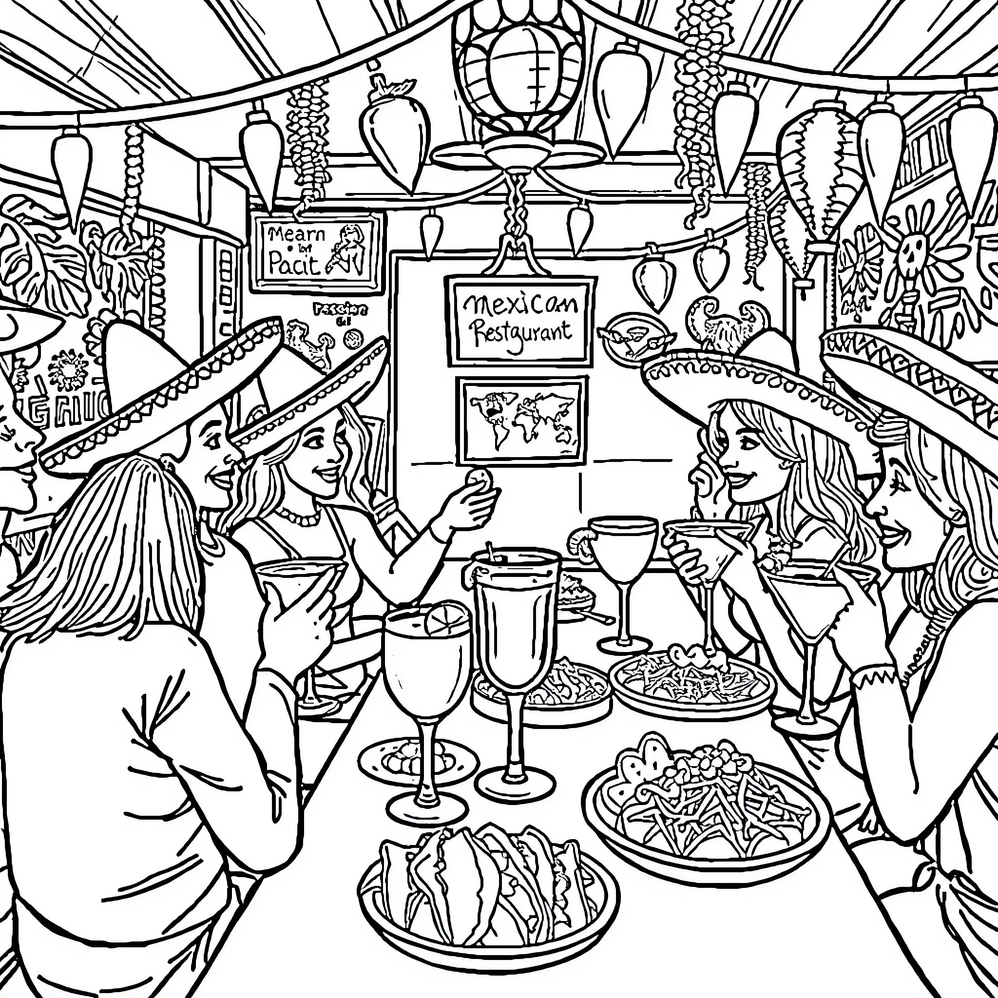 Sombrero-Wearing Patrons Dining at Mexican Restaurant Coloring Page (free black-and-white line drawing printable PDF for all, from beginners to advanced learners, including children, teens, adults, and seniors)