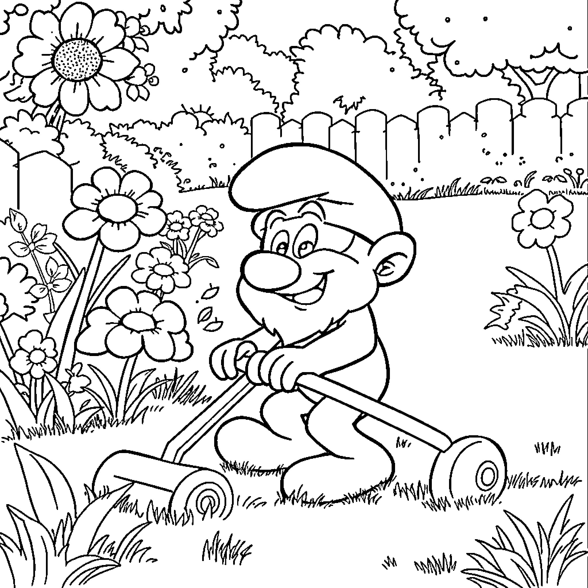 Papa Smurf gardening happily in a floral field Coloring Page (free black-and-white line drawing printable PDF for all, from beginners to advanced learners, including children, teens, adults, and seniors)