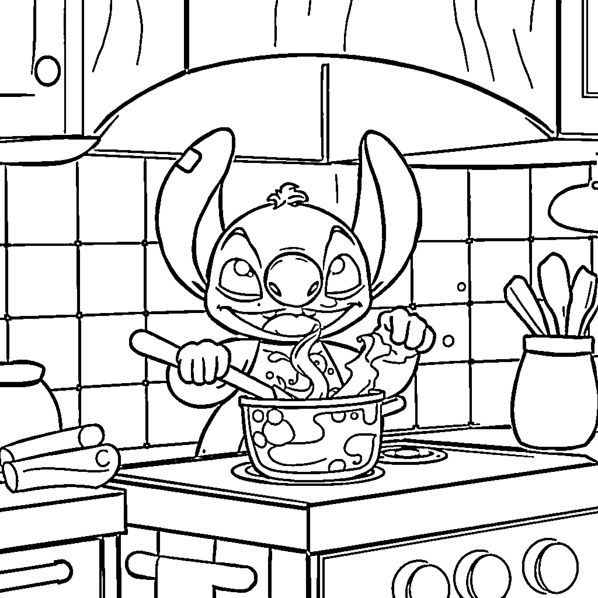 Stitch cooking in the kitchen Coloring Page (free black-and-white line drawing printable PDF for all, from beginners to advanced learners, including children, teens, adults, and seniors)