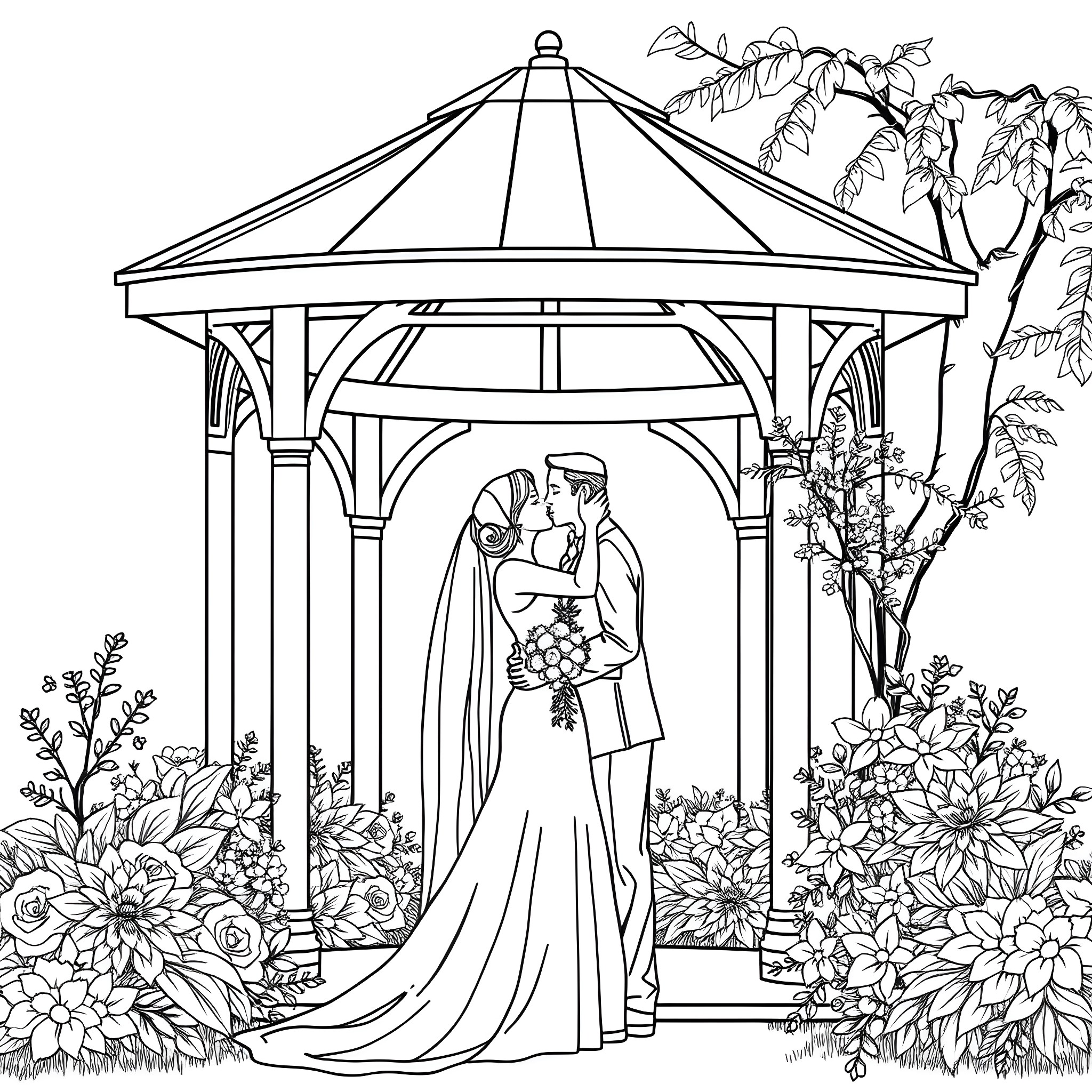 Bride and groom embracing in a flowery gazebo Coloring Page (free black-and-white line drawing printable PDF for all, from beginners to advanced learners, including children, teens, adults, and seniors)