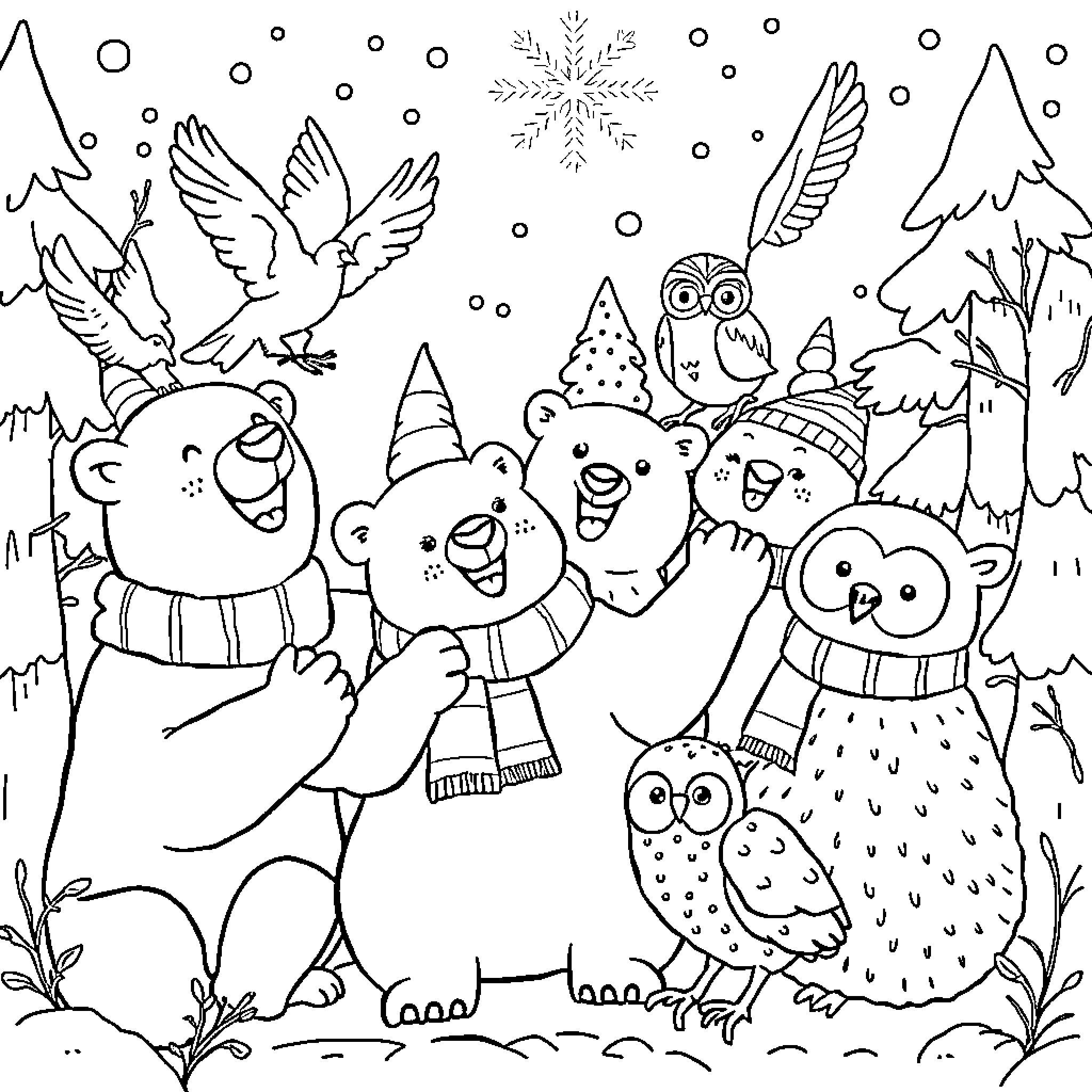 Animal friends celebrating winter in the forest Coloring Page (free black-and-white line drawing printable PDF for all, from beginners to advanced learners, including children, teens, adults, and seniors)