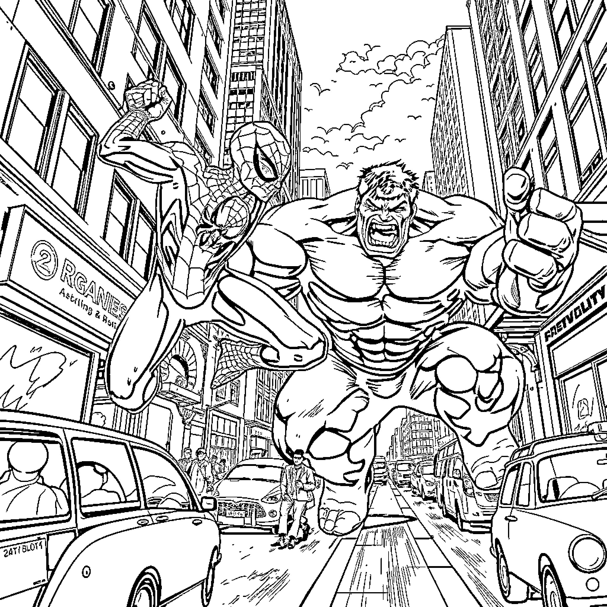 Spider-Man and Hulk Fighting in the City Coloring Page (free black-and-white line drawing printable PDF for all, from beginners to advanced learners, including children, teens, adults, and seniors)