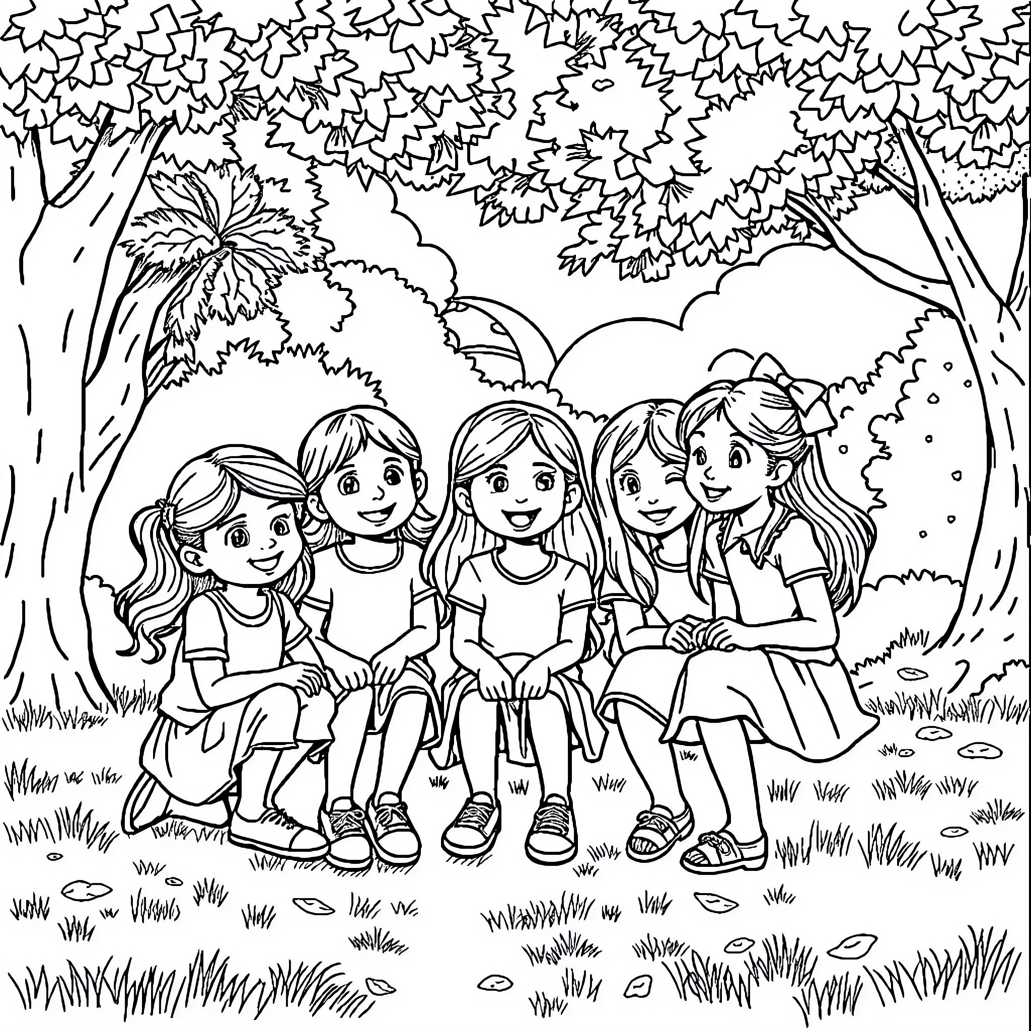 Girls Enjoying Nature Together in a Forest Setting Coloring Page (free black-and-white line drawing printable PDF for all, from beginners to advanced learners, including children, teens, adults, and seniors)