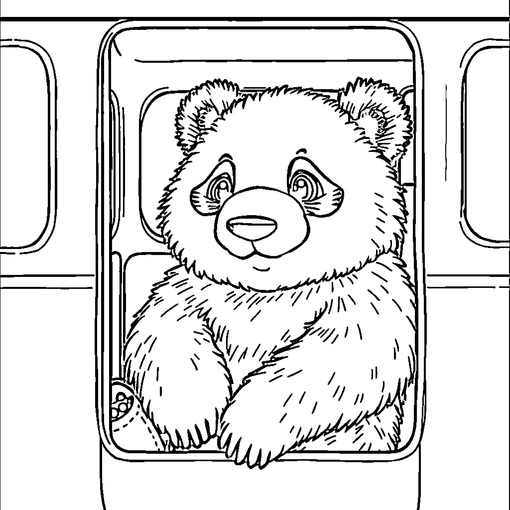 Panda gazing happily through bus window Coloring Page (free black-and-white line drawing printable PDF for all, from beginners to advanced learners, including children, teens, adults, and seniors)
