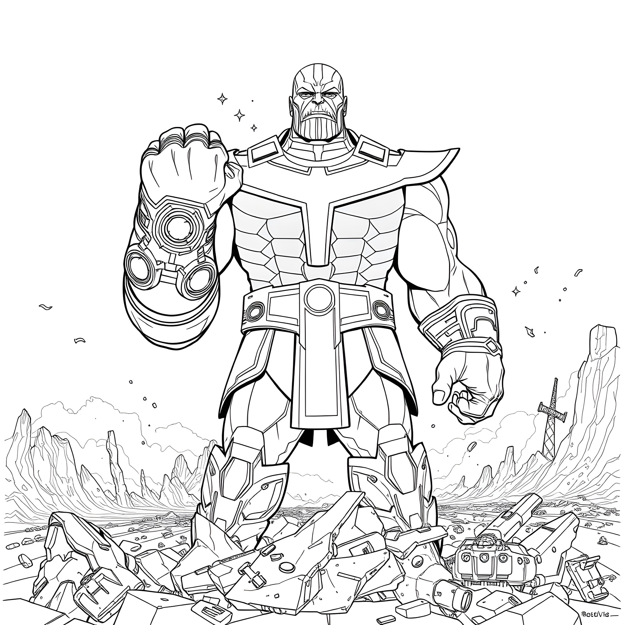Thanos unleashing power in the devastated landscape Coloring Page (free black-and-white line drawing printable PDF for all, from beginners to advanced learners, including children, teens, adults, and seniors)