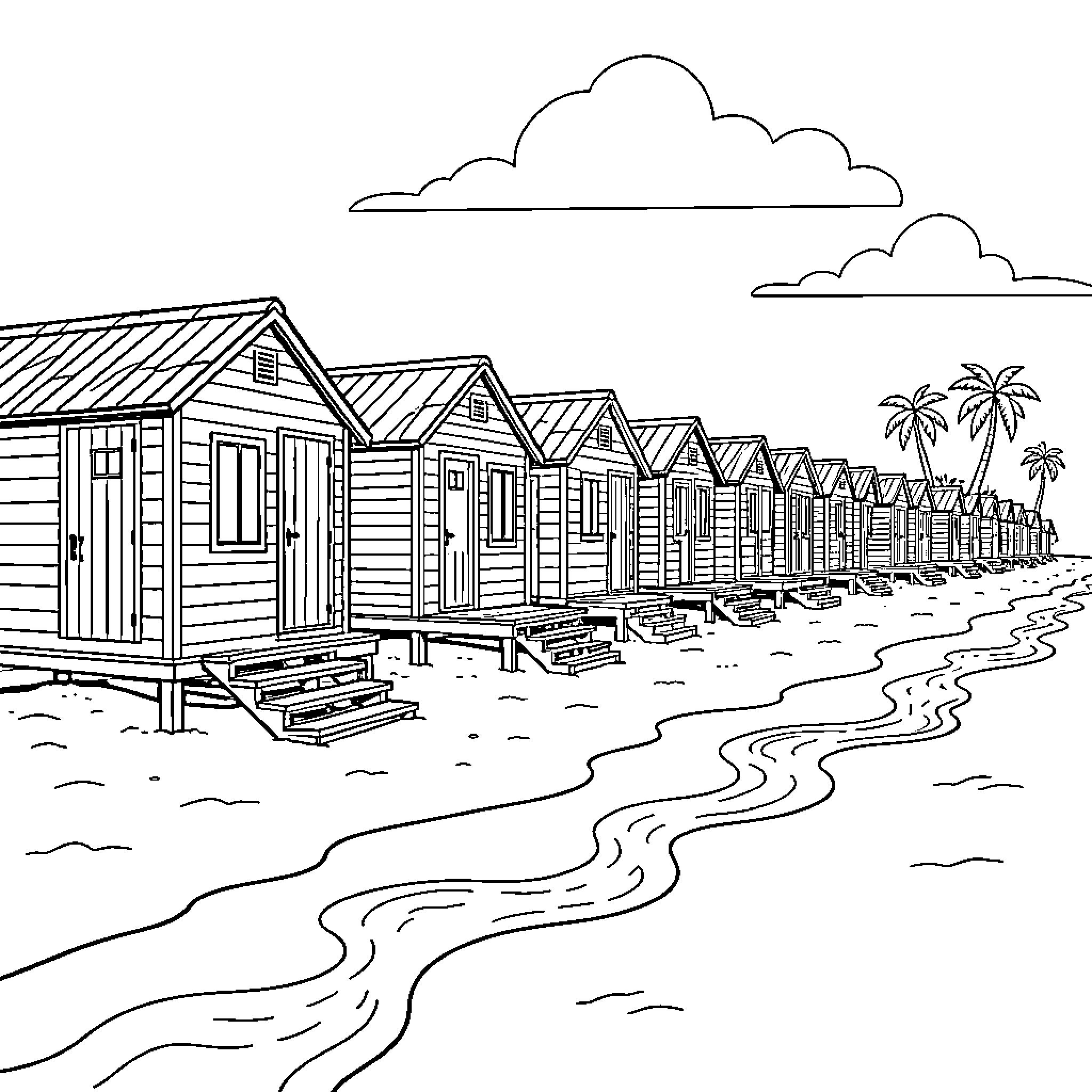 Beach Cabin row sitting along the sandy shoreline Coloring Page (free black-and-white line drawing printable PDF for all, from beginners to advanced learners, including children, teens, adults, and seniors)