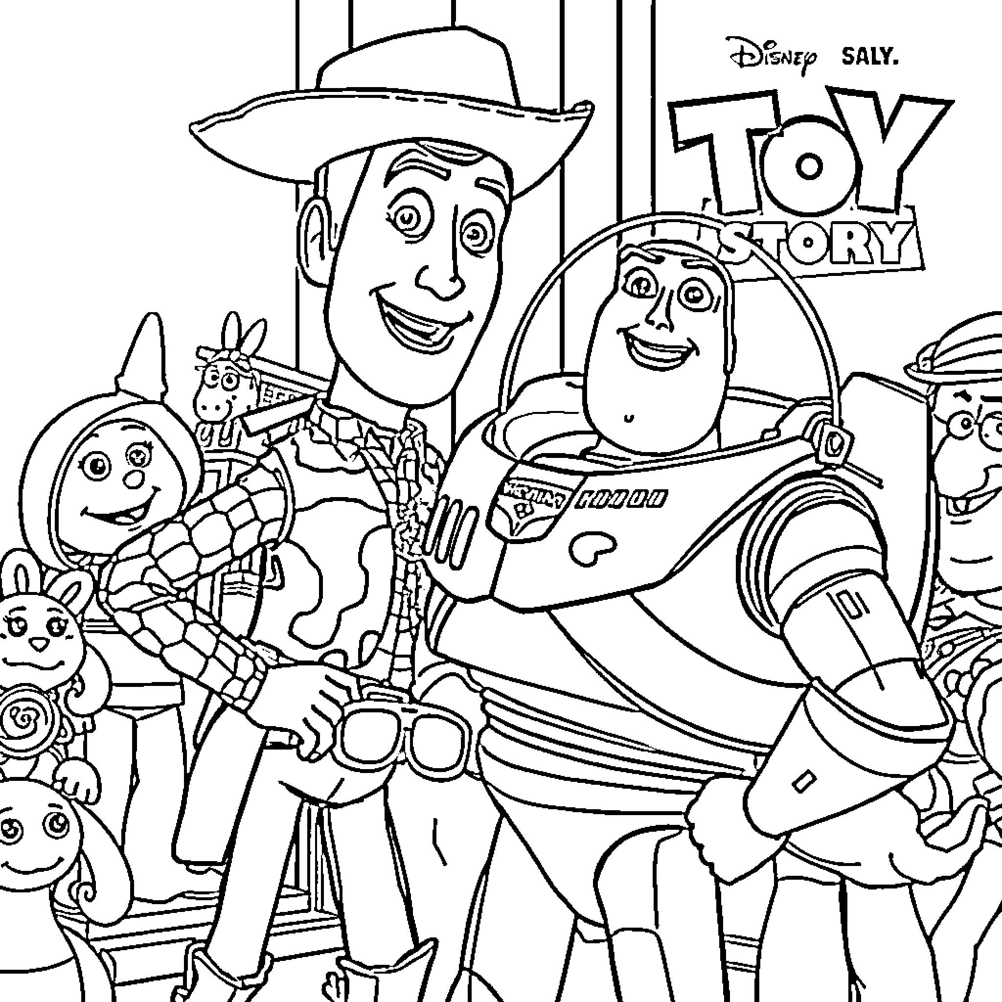Toy Story Characters in Playful Poses Coloring Page (free black-and-white line drawing printable PDF for all, from beginners to advanced learners, including children, teens, adults, and seniors)