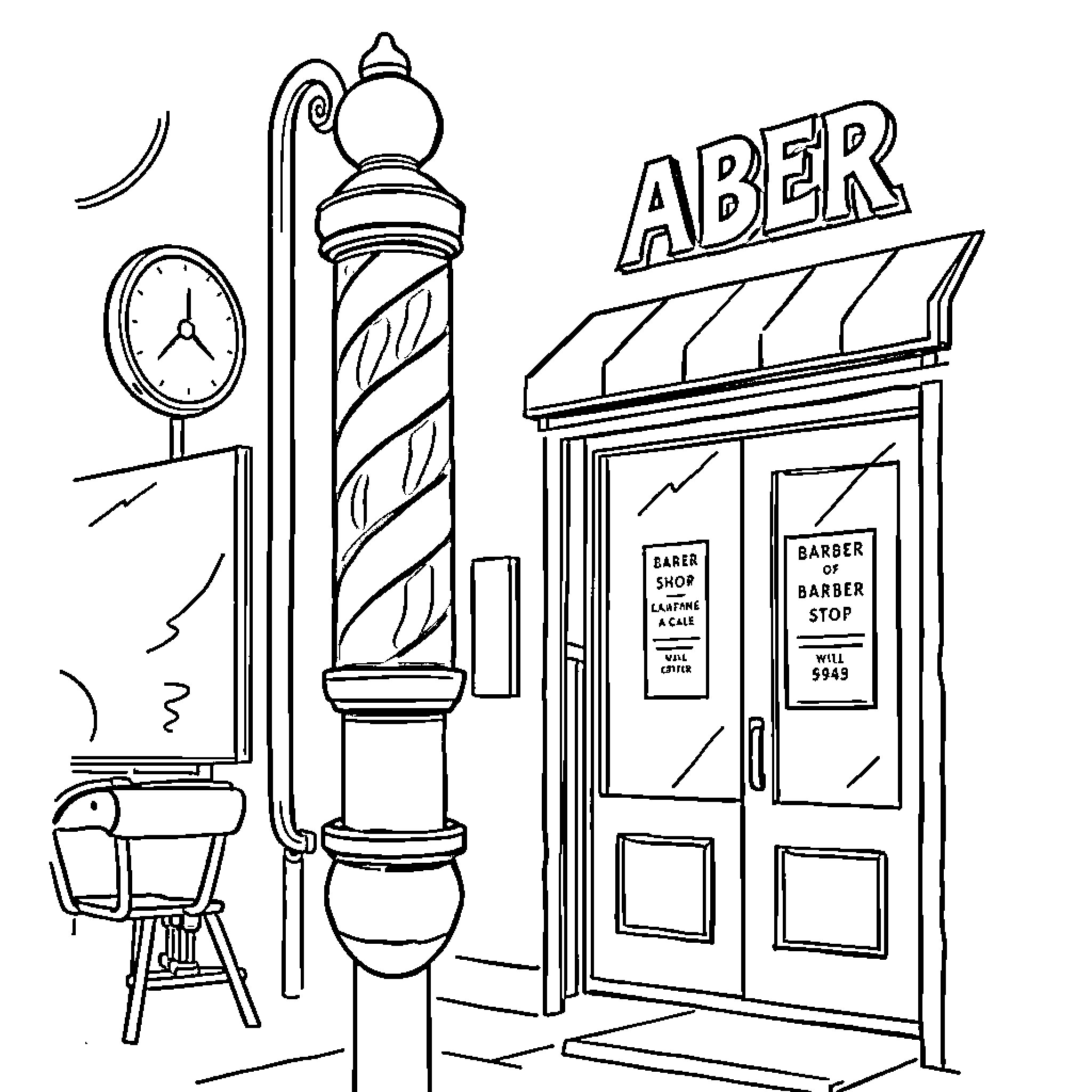 Barberpole Entrance to Traditional Barber Shop Coloring Page (free black-and-white line drawing printable PDF for all, from beginners to advanced learners, including children, teens, adults, and seniors)