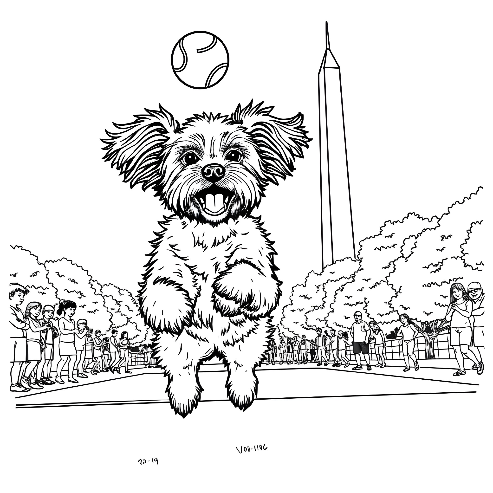 Havapoo playing joyfully at the park Coloring Page (free black-and-white line drawing printable PDF for all, from beginners to advanced learners, including children, teens, adults, and seniors)