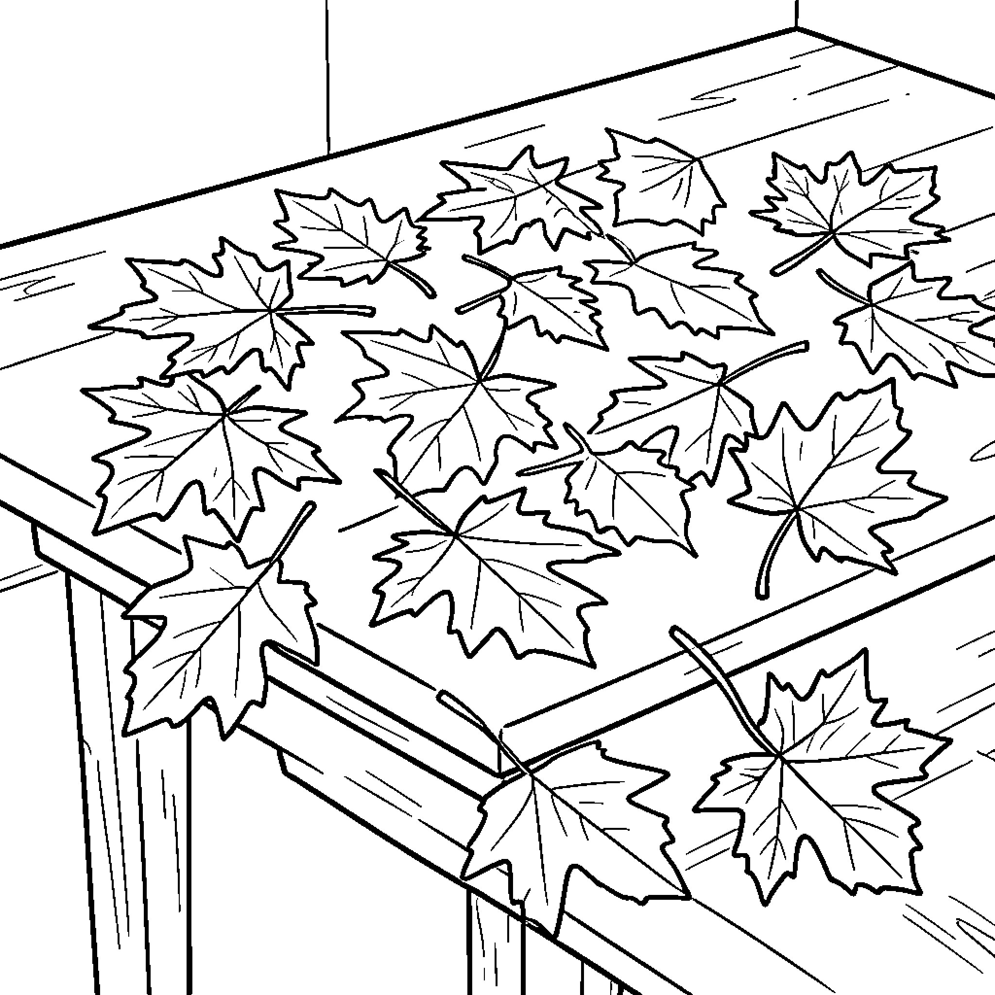 Leaf scattered across a wooden table surface Coloring Page (free black-and-white line drawing printable PDF for all, from beginners to advanced learners, including children, teens, adults, and seniors)