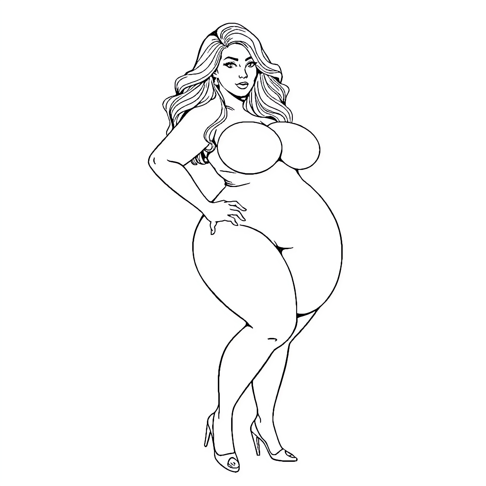 Fat Woman Confidently Posing in Glamorous Outfit Coloring Page (free black-and-white line drawing printable PDF for all, from beginners to advanced learners, including children, teens, adults, and seniors)