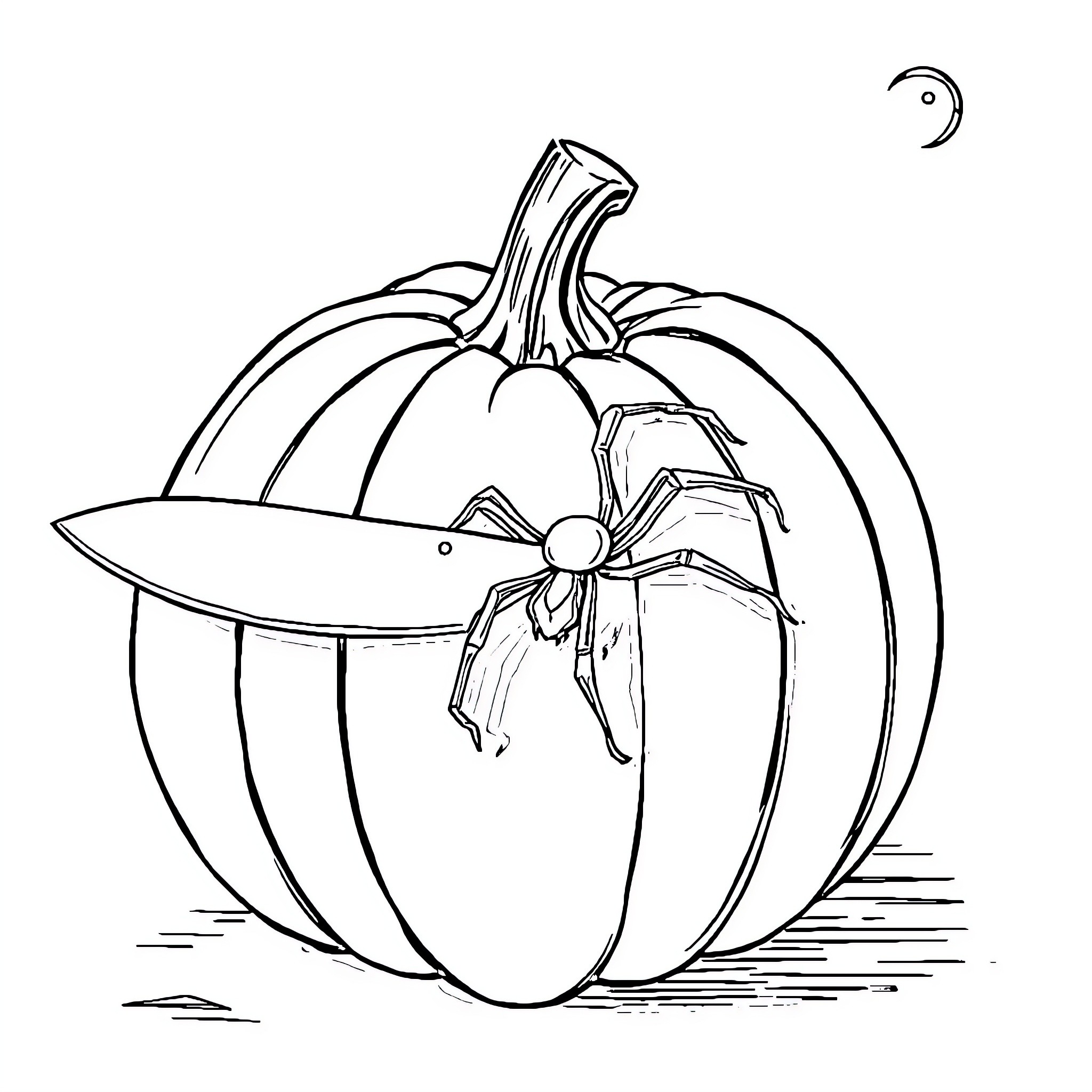 Pumpkin with spider decoration Coloring Page (free black-and-white line drawing printable PDF for all, from beginners to advanced learners, including children, teens, adults, and seniors)