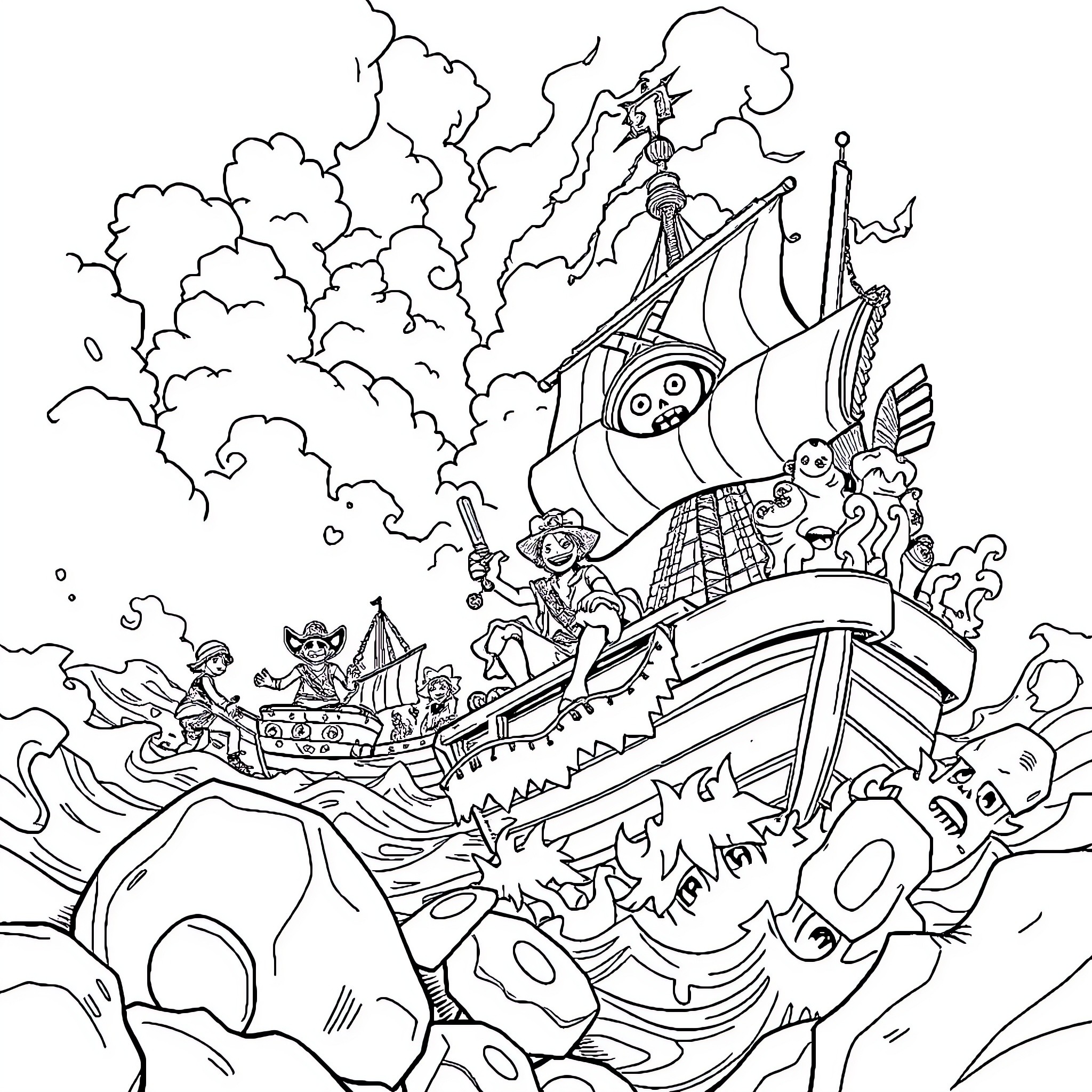 One Piece Pirates Voyage Through Stormy Seas Coloring Page (free black-and-white line drawing printable PDF for all, from beginners to advanced learners, including children, teens, adults, and seniors)