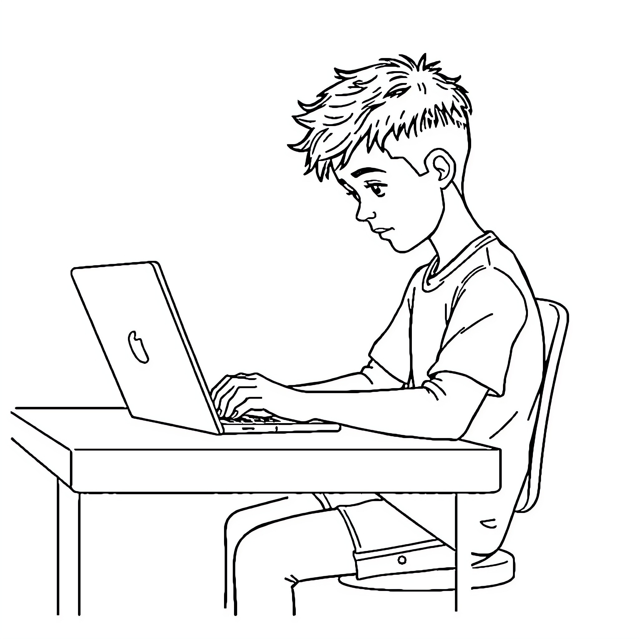 Boy Focused on Using Laptop at Desk Coloring Page (free black-and-white line drawing printable PDF for all, from beginners to advanced learners, including children, teens, adults, and seniors)
