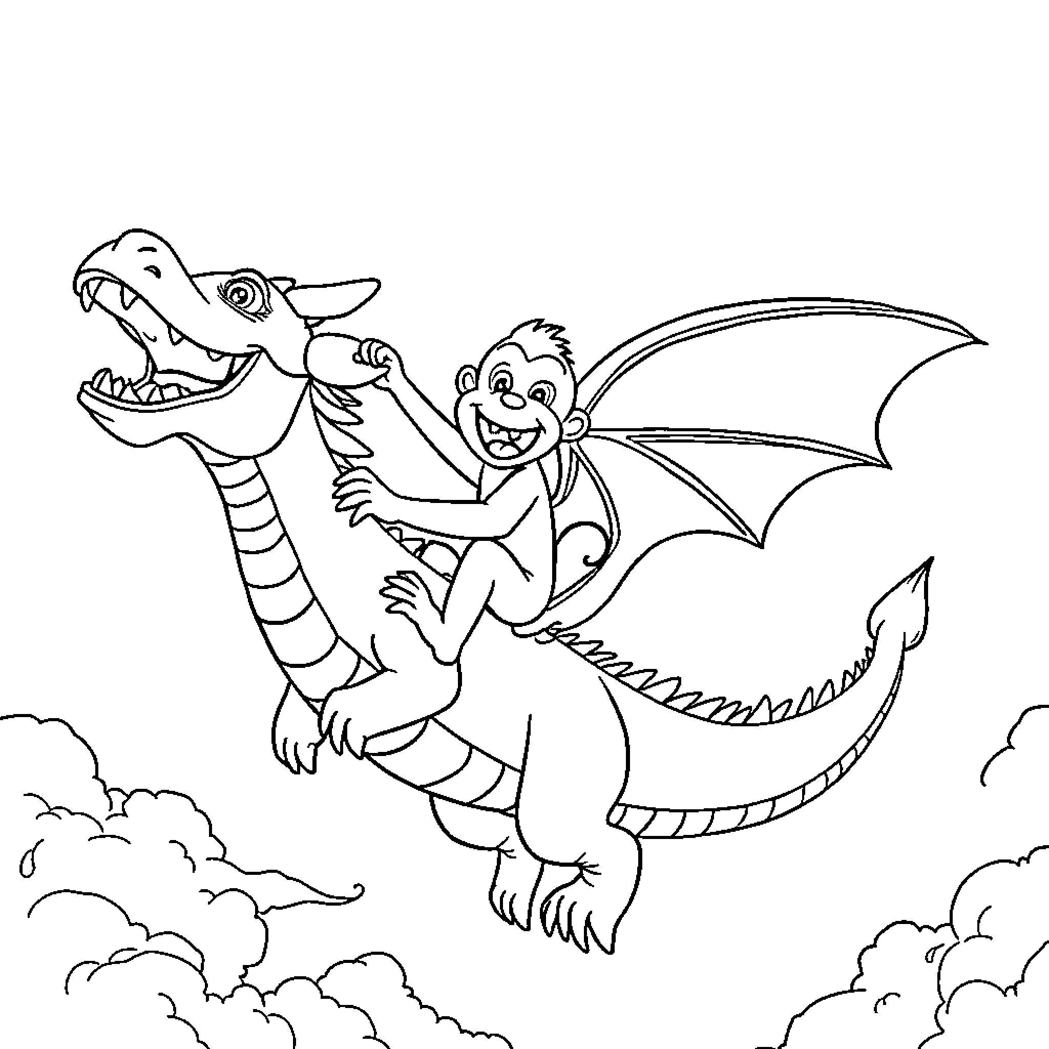 Monkey riding a friendly dragon in the sky Coloring Page (free black-and-white line drawing printable PDF for all, from beginners to advanced learners, including children, teens, adults, and seniors)