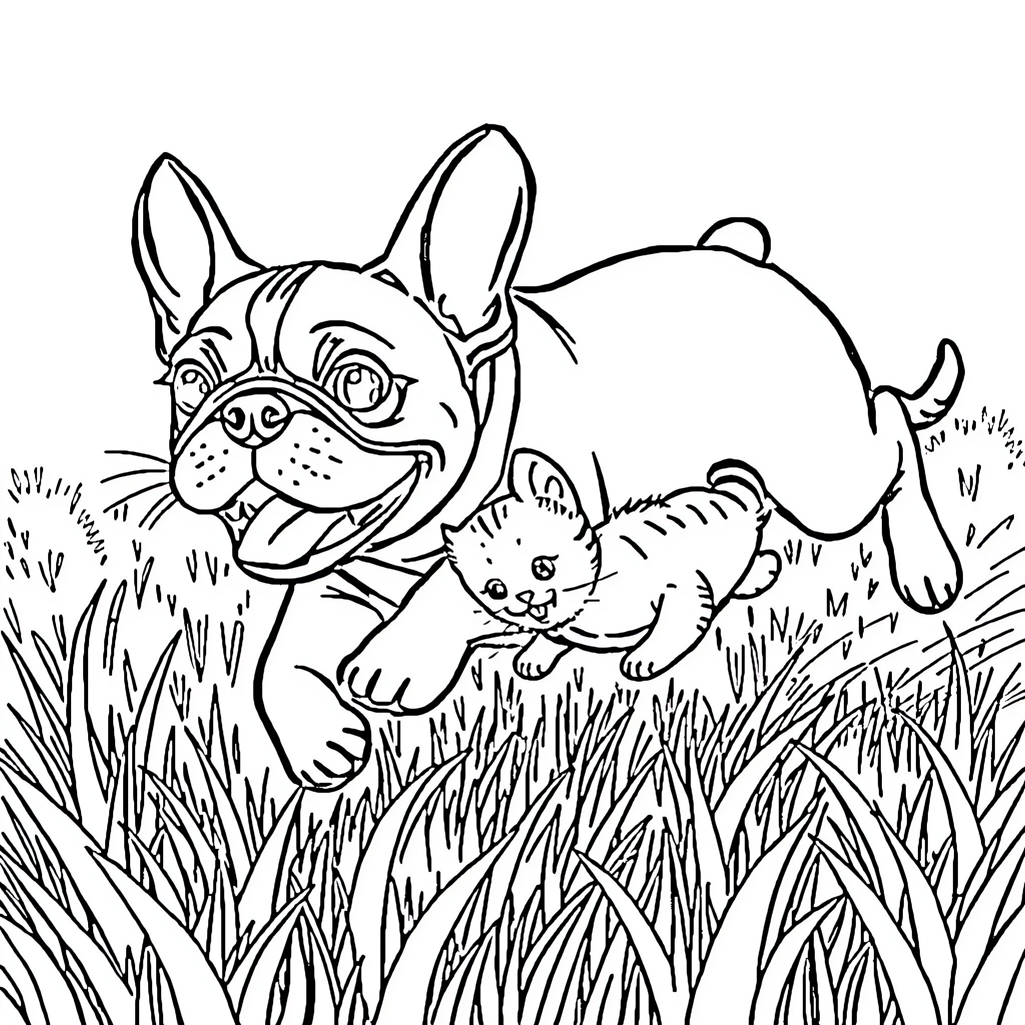 Dog and Puppy Playing in the Grass Coloring Page (free black-and-white line drawing printable PDF for all, from beginners to advanced learners, including children, teens, adults, and seniors)