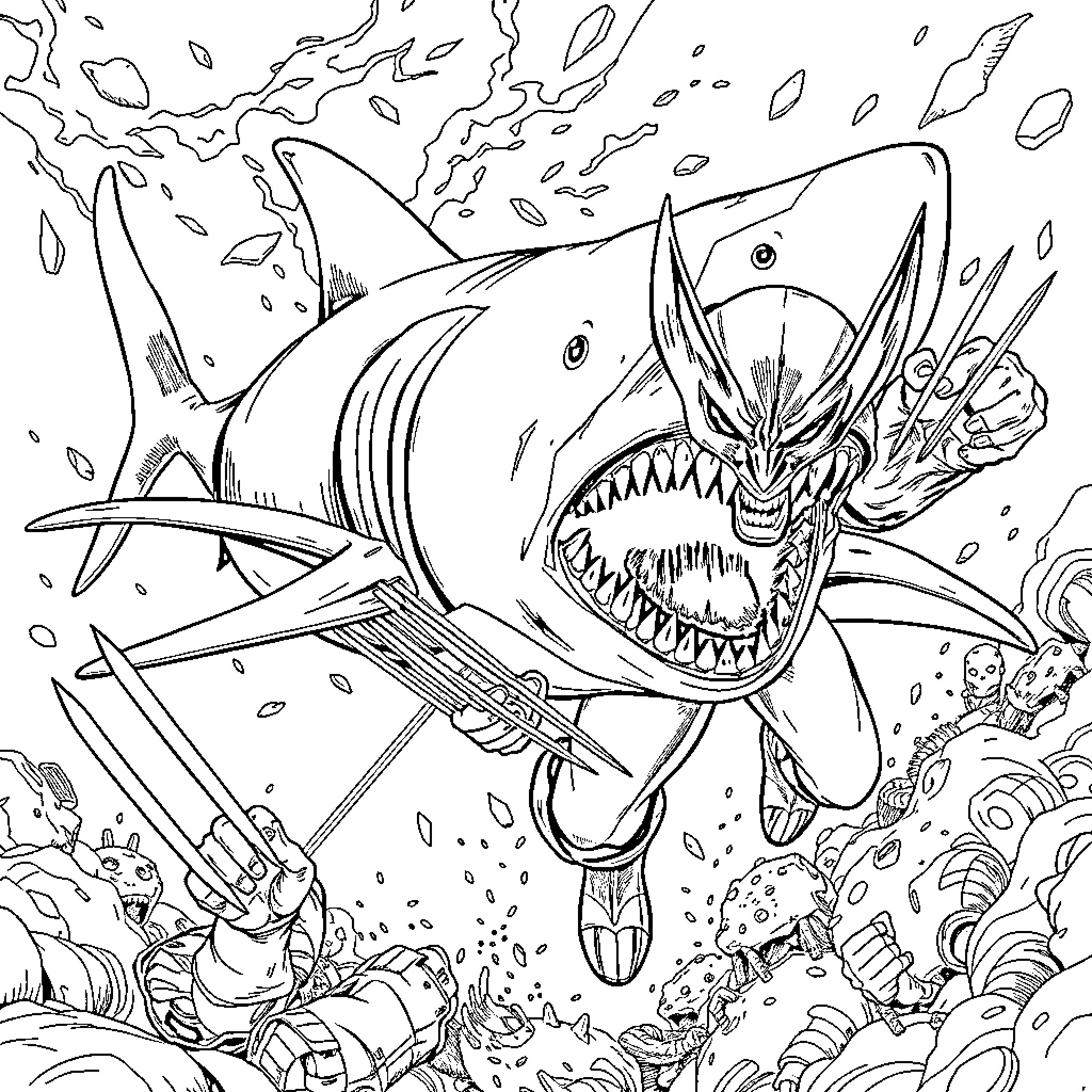 Hammerhead shark attacking in the ocean Coloring Page (free black-and-white line drawing printable PDF for all, from beginners to advanced learners, including children, teens, adults, and seniors)