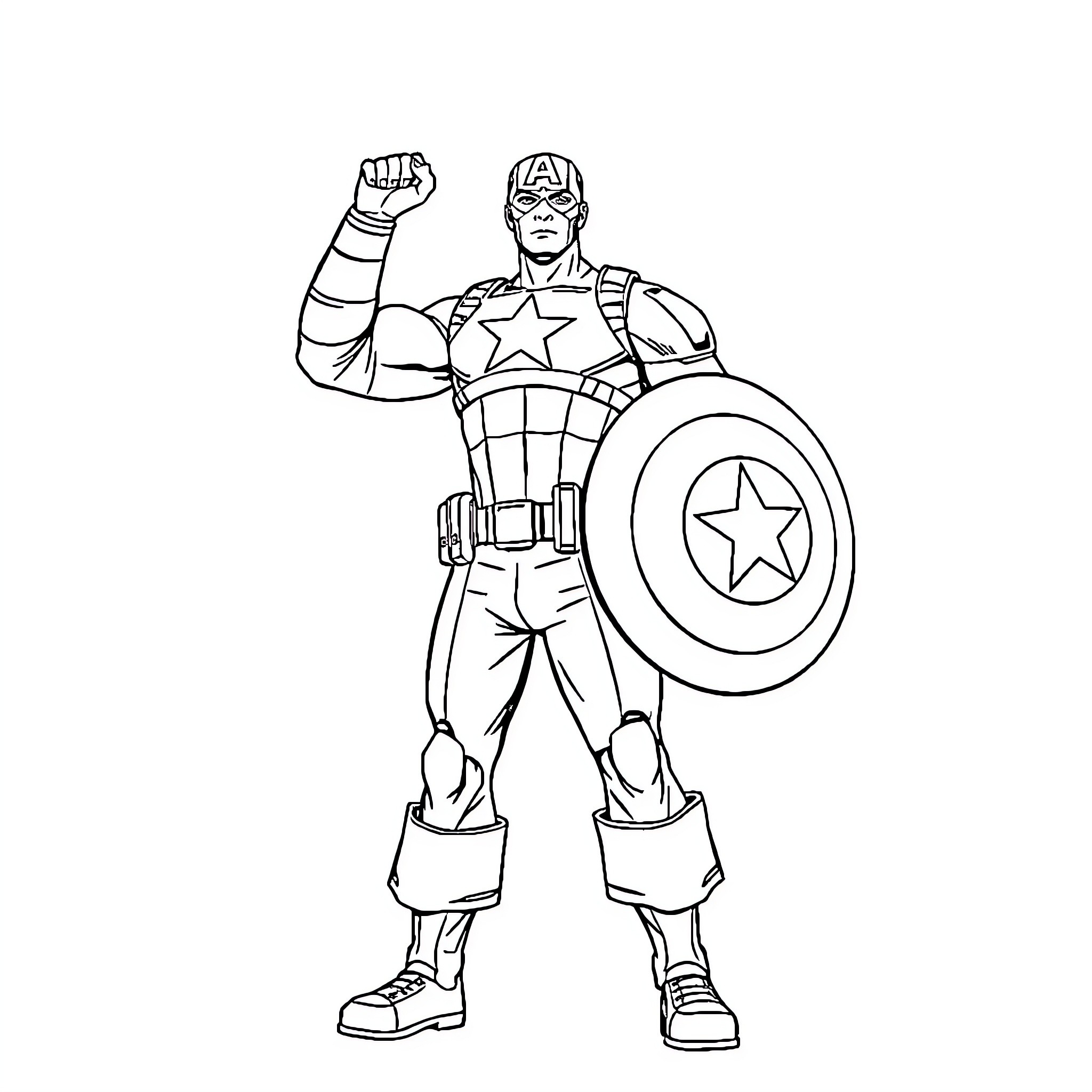 Captain America standing ready with shield and fist raised Coloring Page (free black-and-white line drawing printable PDF for all, from beginners to advanced learners, including children, teens, adults, and seniors)