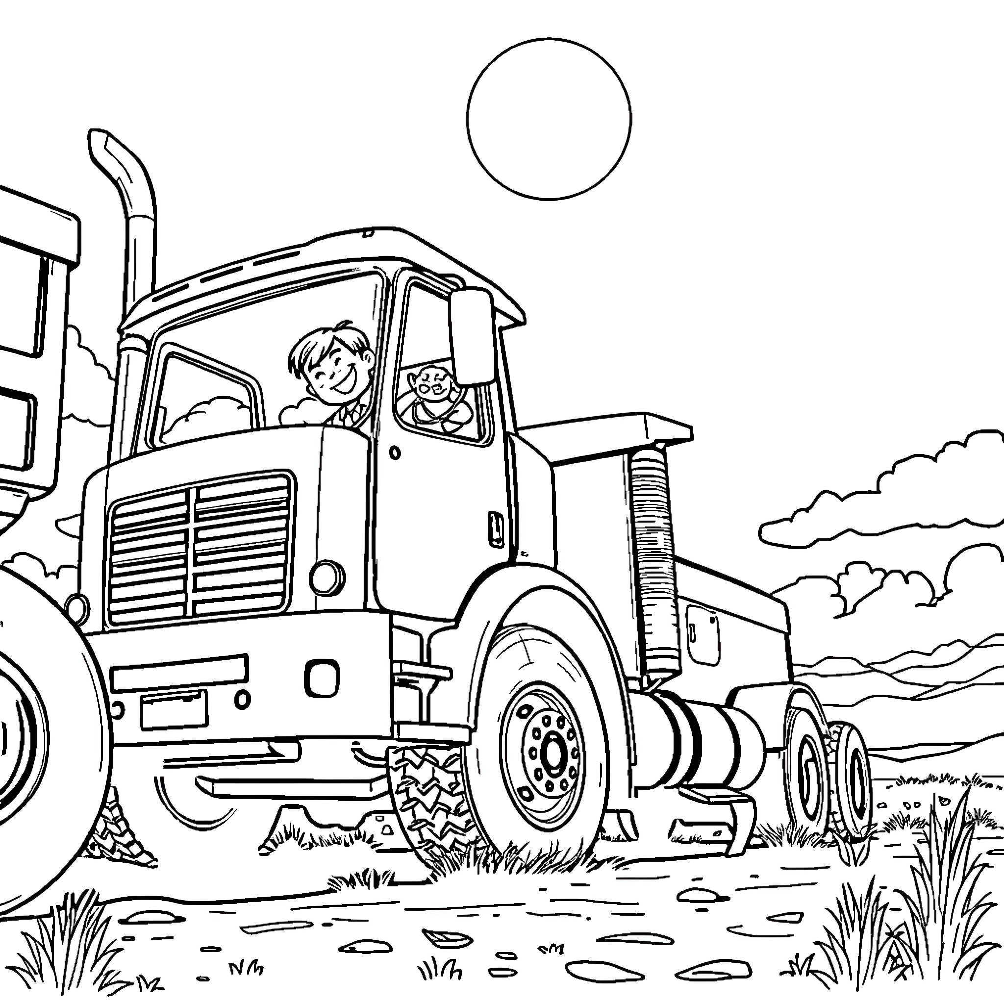 Truck Driver Navigating Through the Countryside Coloring Page (free black-and-white line drawing printable PDF for all, from beginners to advanced learners, including children, teens, adults, and seniors)