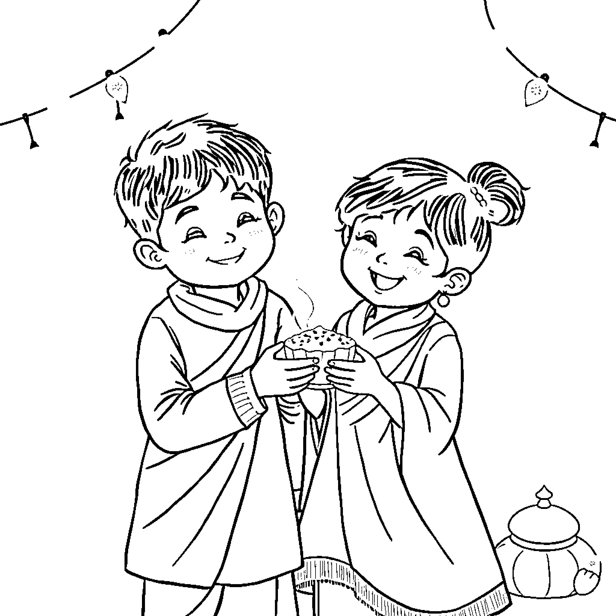 Kids enjoying snacks at a cozy party Coloring Page (free black-and-white line drawing printable PDF for all, from beginners to advanced learners, including children, teens, adults, and seniors)