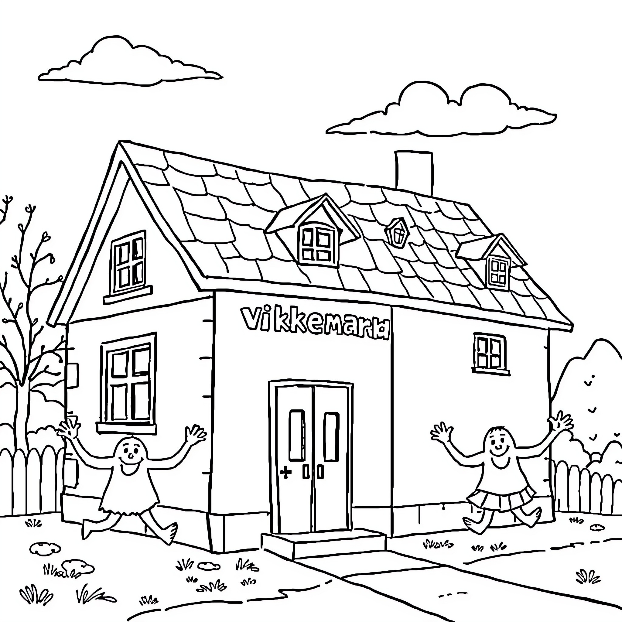Kindergarten students playing outside a cozy cottage Coloring Page (free black-and-white line drawing printable PDF for all, from beginners to advanced learners, including children, teens, adults, and seniors)