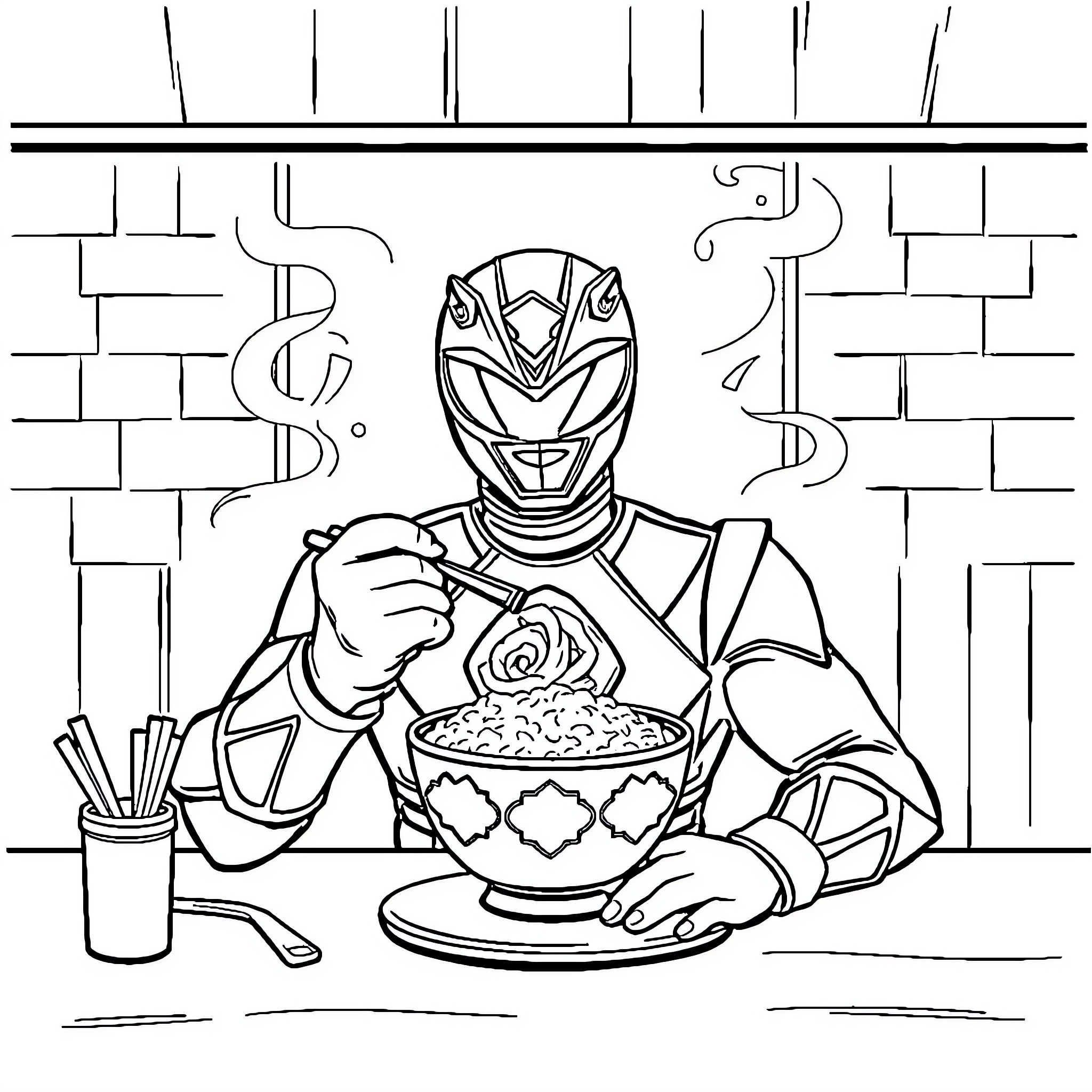 Power Ranger Enjoying a Tasty Meal Coloring Page (free black-and-white line drawing printable PDF for all, from beginners to advanced learners, including children, teens, adults, and seniors)