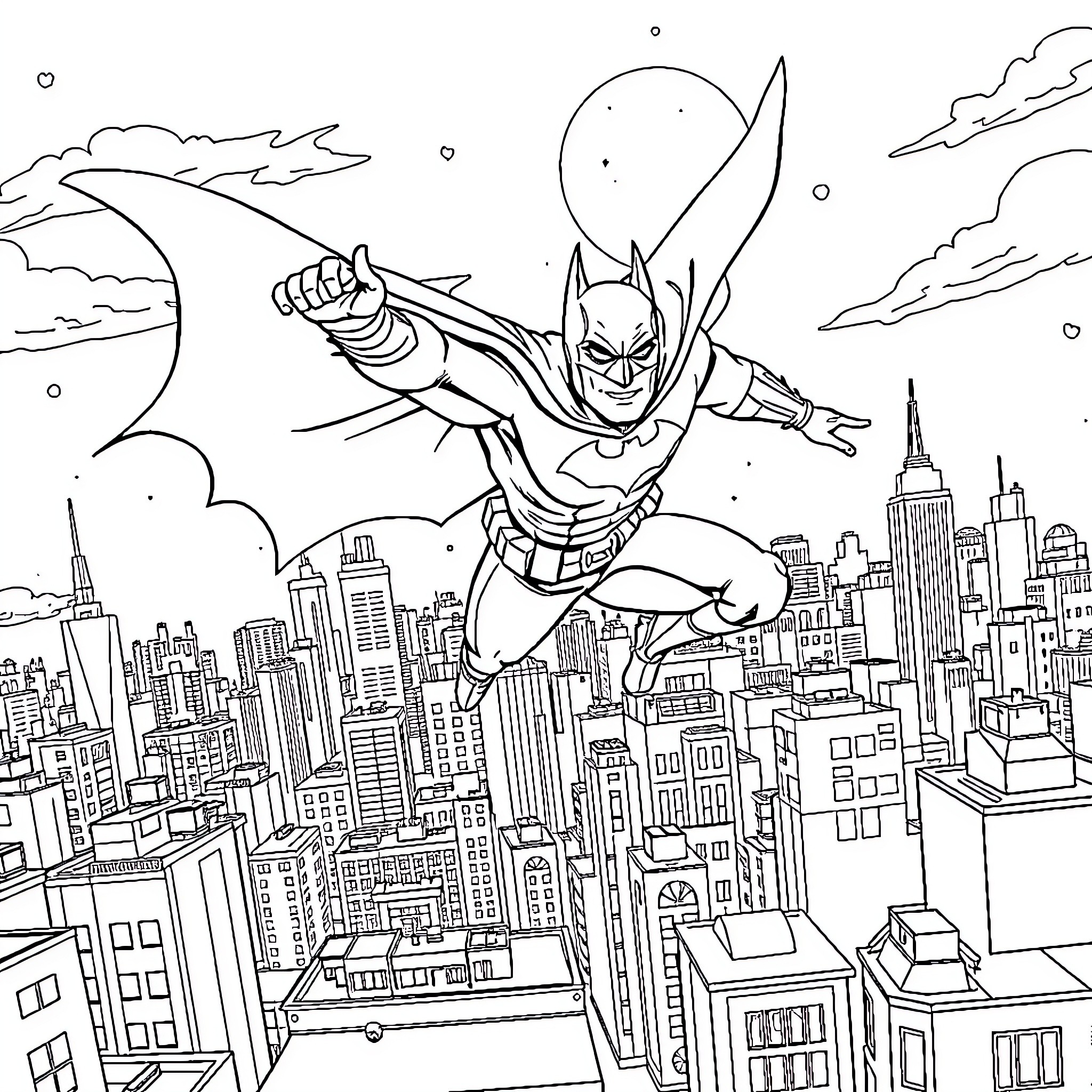 Batman soaring over the city skyline Coloring Page (free black-and-white line drawing printable PDF for all, from beginners to advanced learners, including children, teens, adults, and seniors)