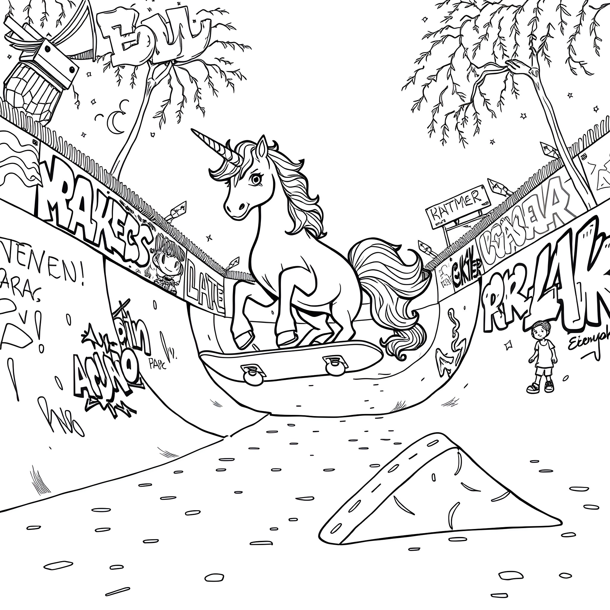 Unicorn riding on a graffiti-covered boat Coloring Page (free black-and-white line drawing printable PDF for all, from beginners to advanced learners, including children, teens, adults, and seniors)